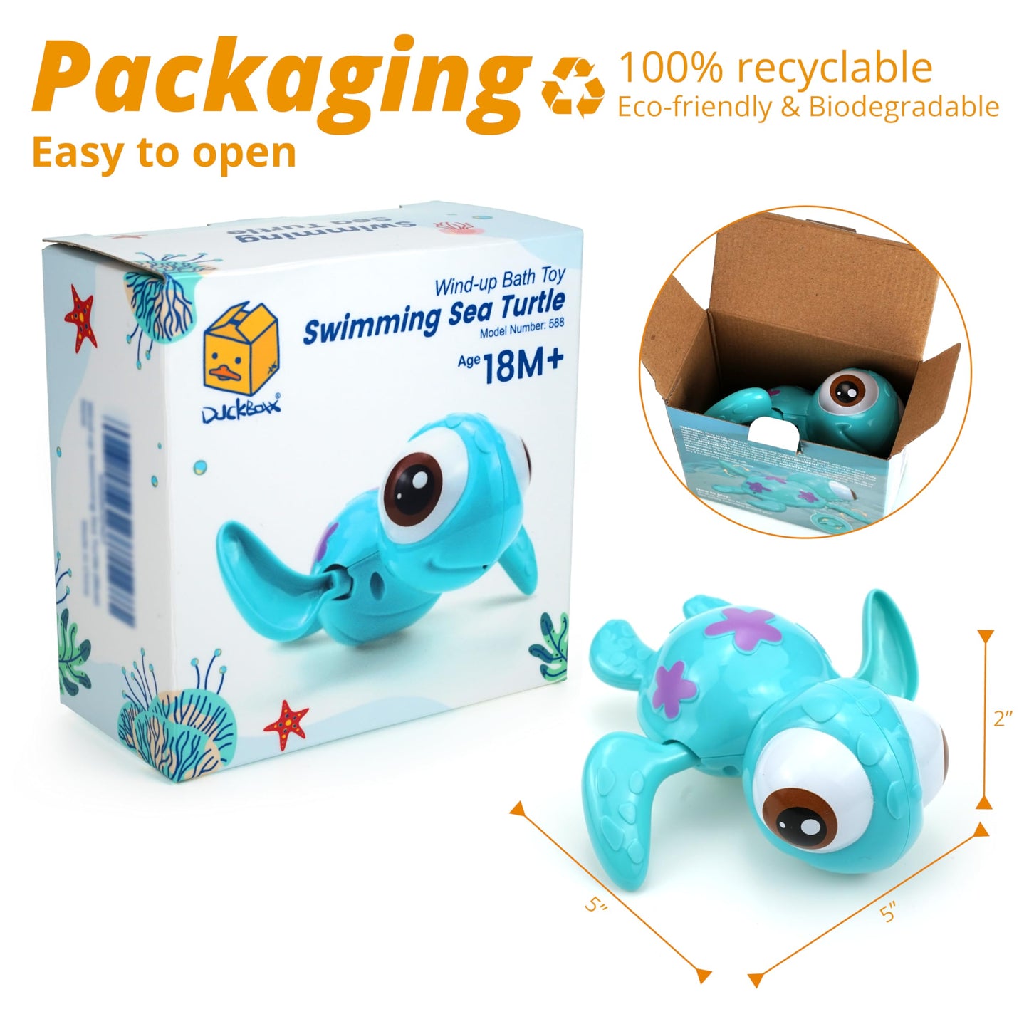 DUCKBOXX XX Wind-Up Sea Turtle Bath Toy – No Battery, Mold-Free Montessori Water Play (Blue)
