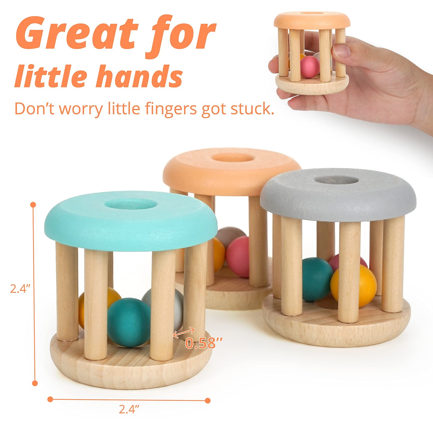 DUCKBOXX XX Montessori Infant Wooden Rattle Rollers – 3-Pack, Natural Beech Wood, 0m+