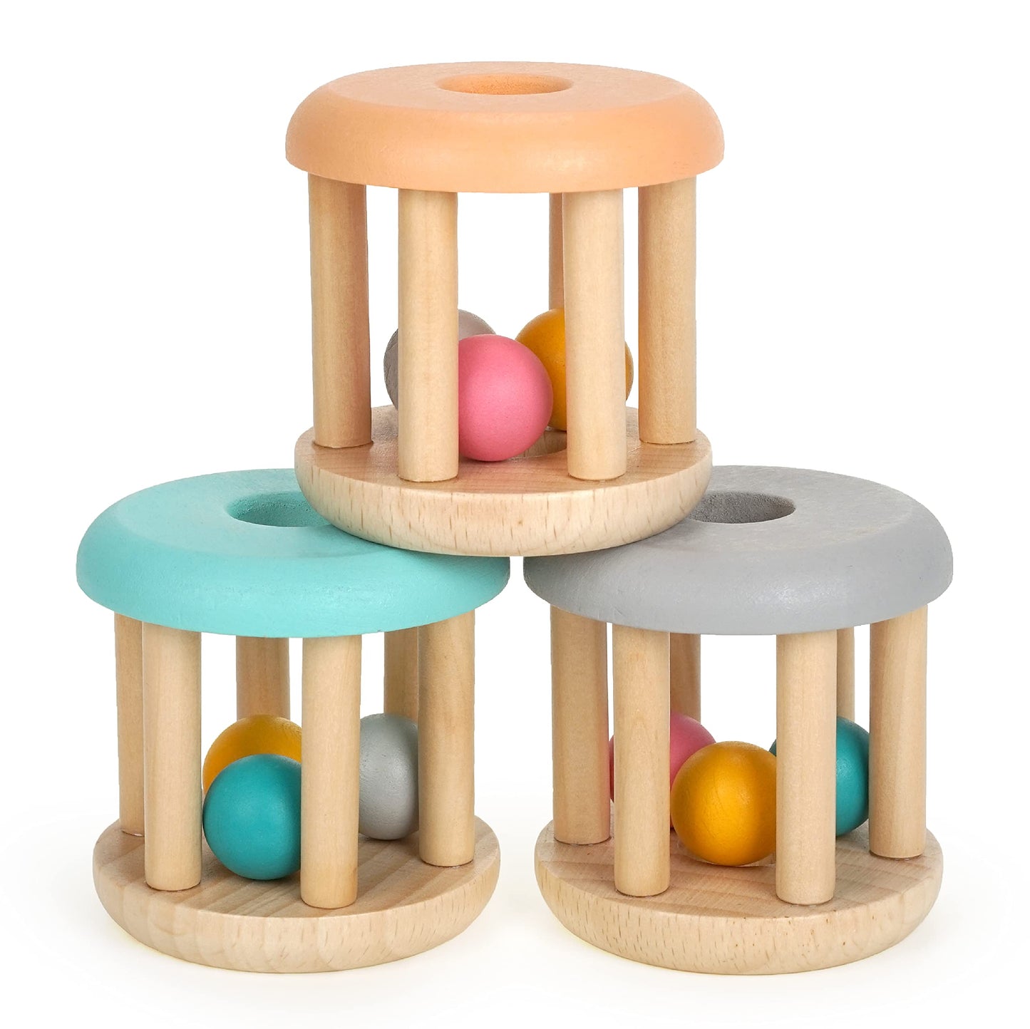 DUCKBOXX XX Montessori Infant Wooden Rattle Rollers – 3-Pack, Natural Beech Wood, 0m+
