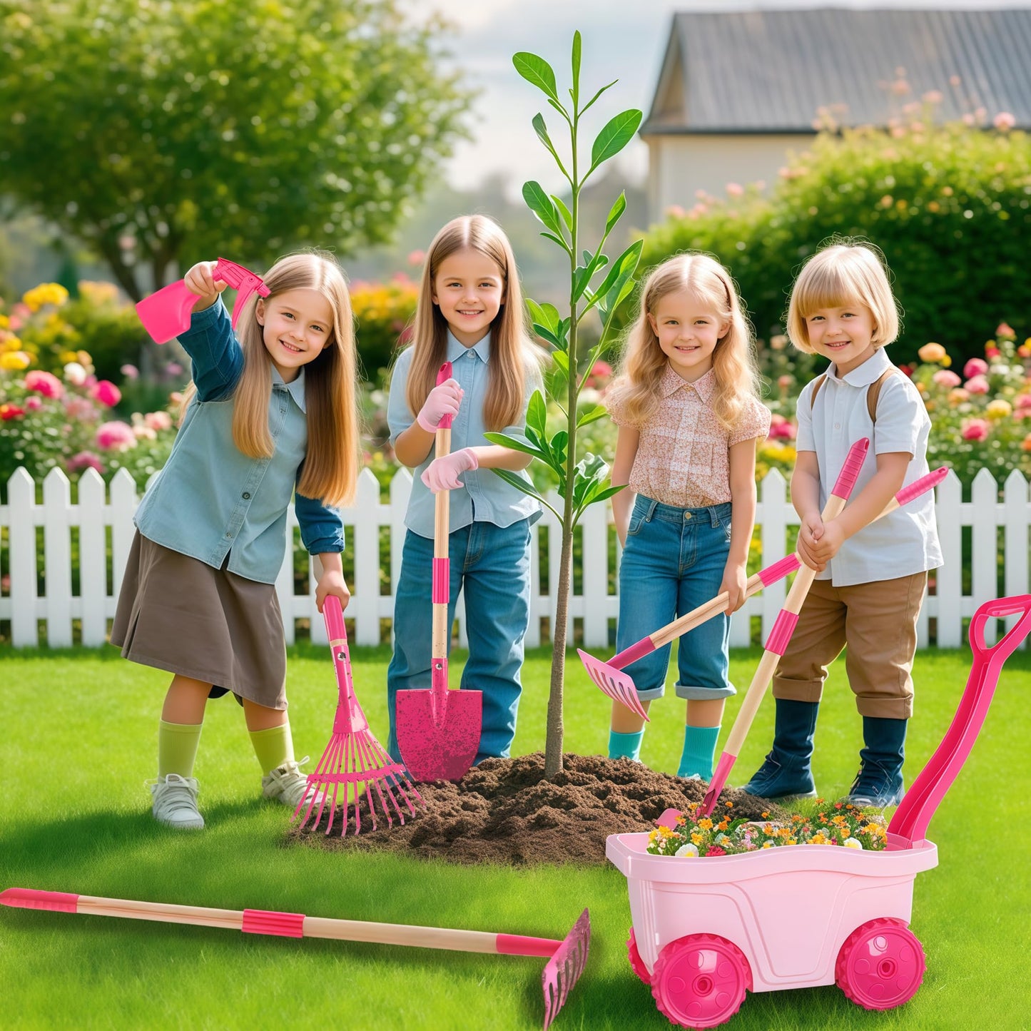 Duckura Kids Gardening Tools Set - 7pc Wheelbarrow Kit for Outdoor Garden Play | Ages 2+