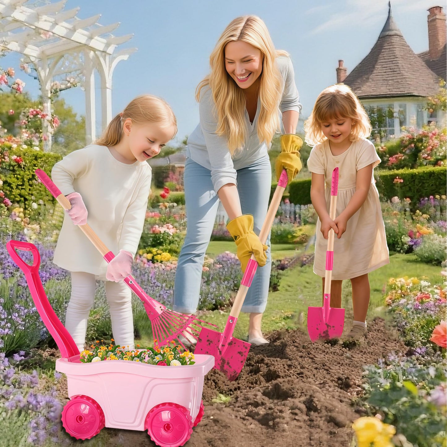 Duckura Kids Gardening Tools Set - 7pc Wheelbarrow Kit for Outdoor Garden Play | Ages 2+