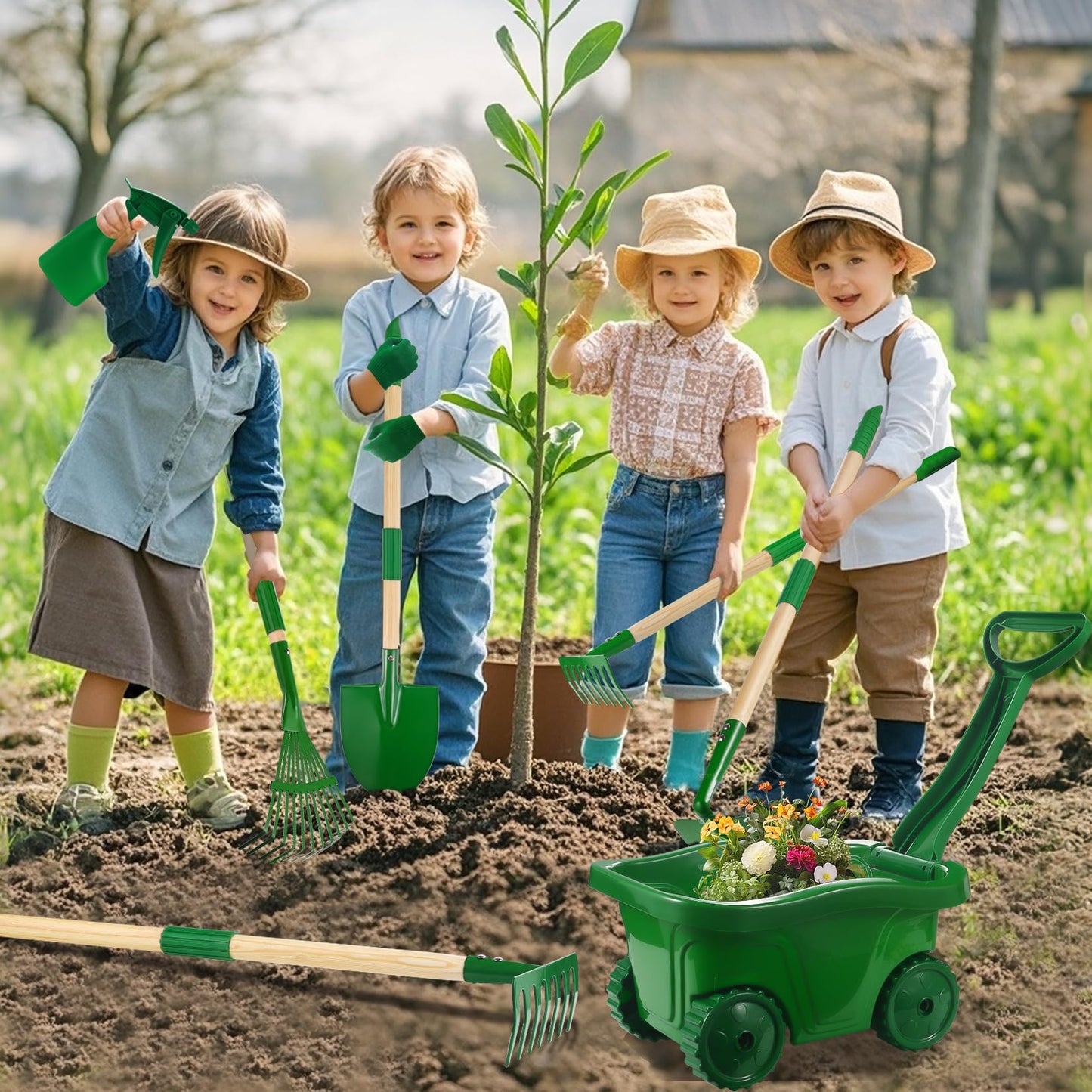 Duckura Kids Gardening Tools Set - 7pc Wheelbarrow Kit for Kids 2+ (Green)