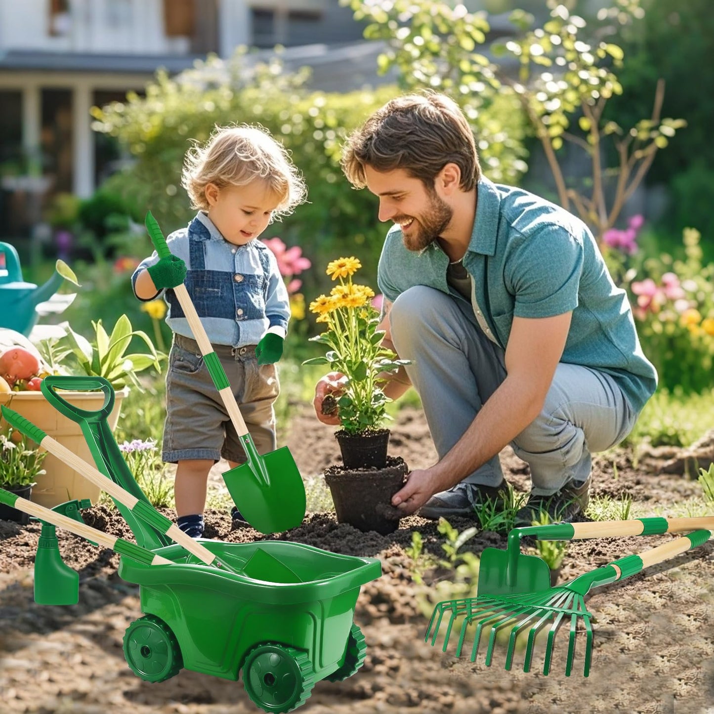 Duckura Kids Gardening Tools Set - 7pc Wheelbarrow Kit for Kids 2+ (Green)