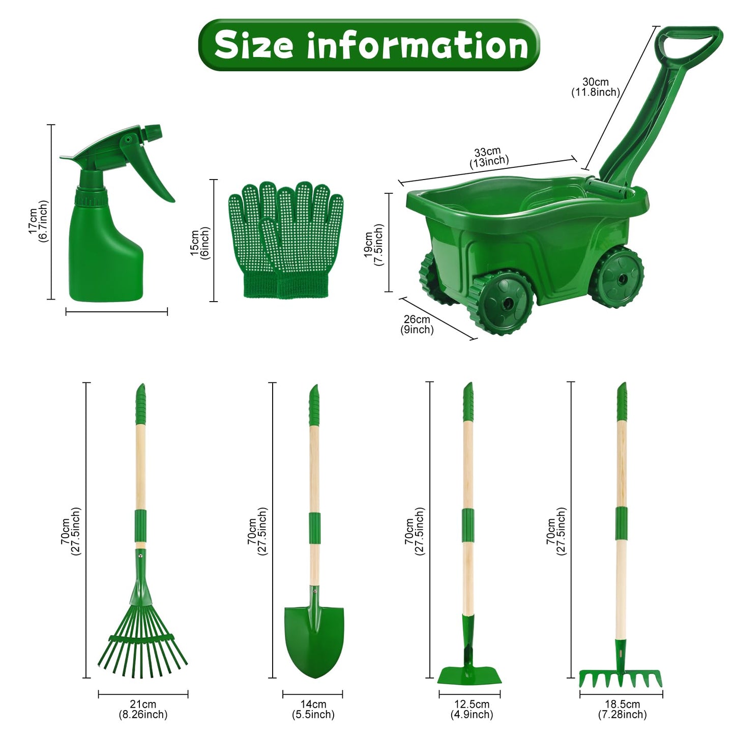 Duckura Kids Gardening Tools Set - 7pc Wheelbarrow Kit for Kids 2+ (Green)