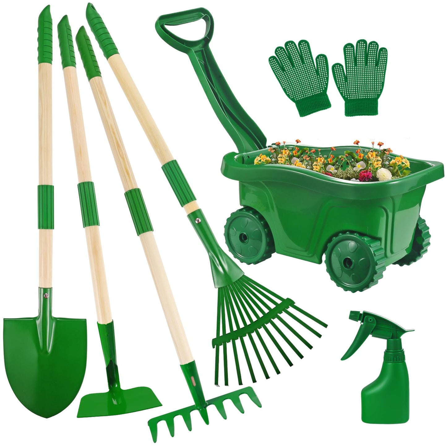 Duckura Kids Gardening Tools Set - 7pc Wheelbarrow Kit for Kids 2+ (Green)