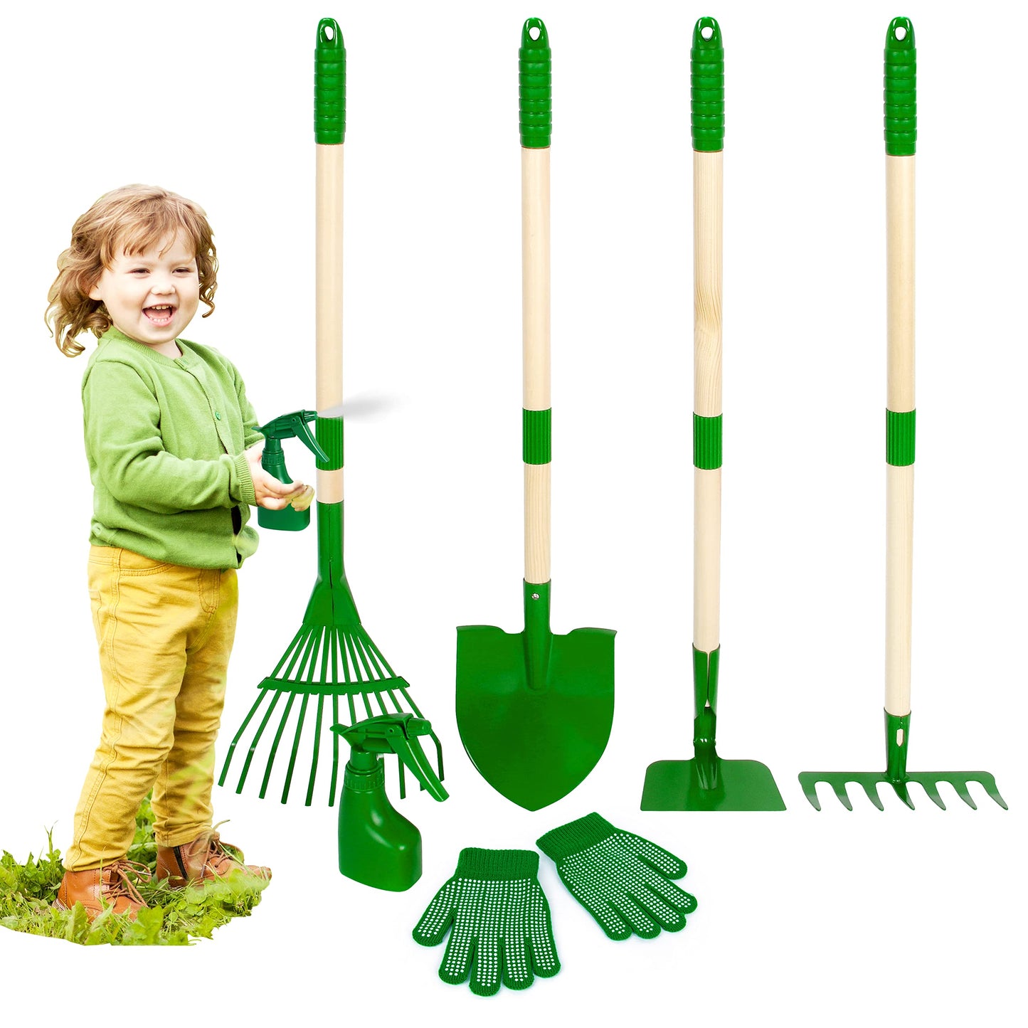 Duckura Kids Gardening Tools Set – 6-Piece Garden Tool Set for Kids (Shovel, Rake, Hoe, Leaf Rake, Gloves, Spray Bottle)