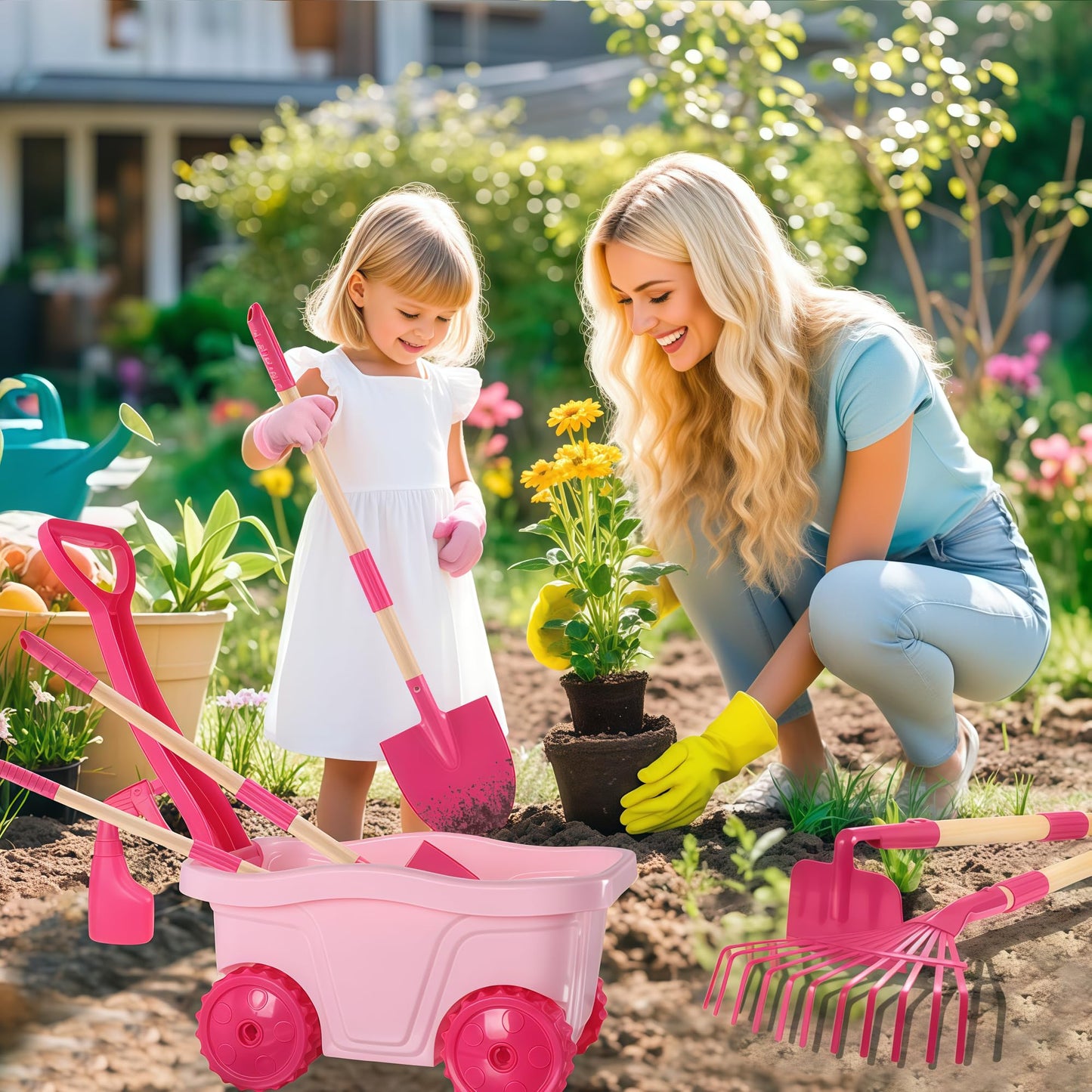 Duckura Kids Gardening Tools Set - 7pc Wheelbarrow Kit for Outdoor Garden Play | Ages 2+