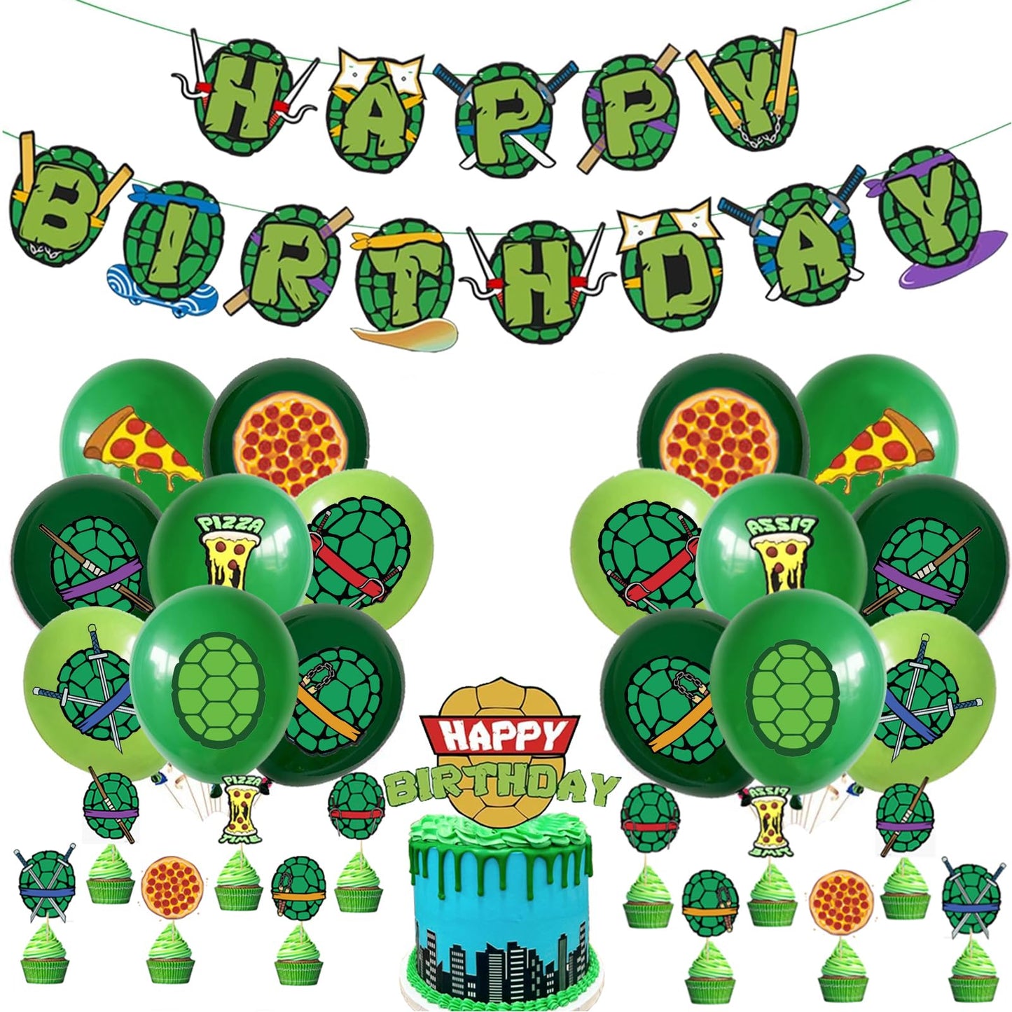 DUCTIAIARY Turtle Birthday Party Decorations — Big Cake Topper, Cupcake Toppers, Balloons & Happy Birthday Banner