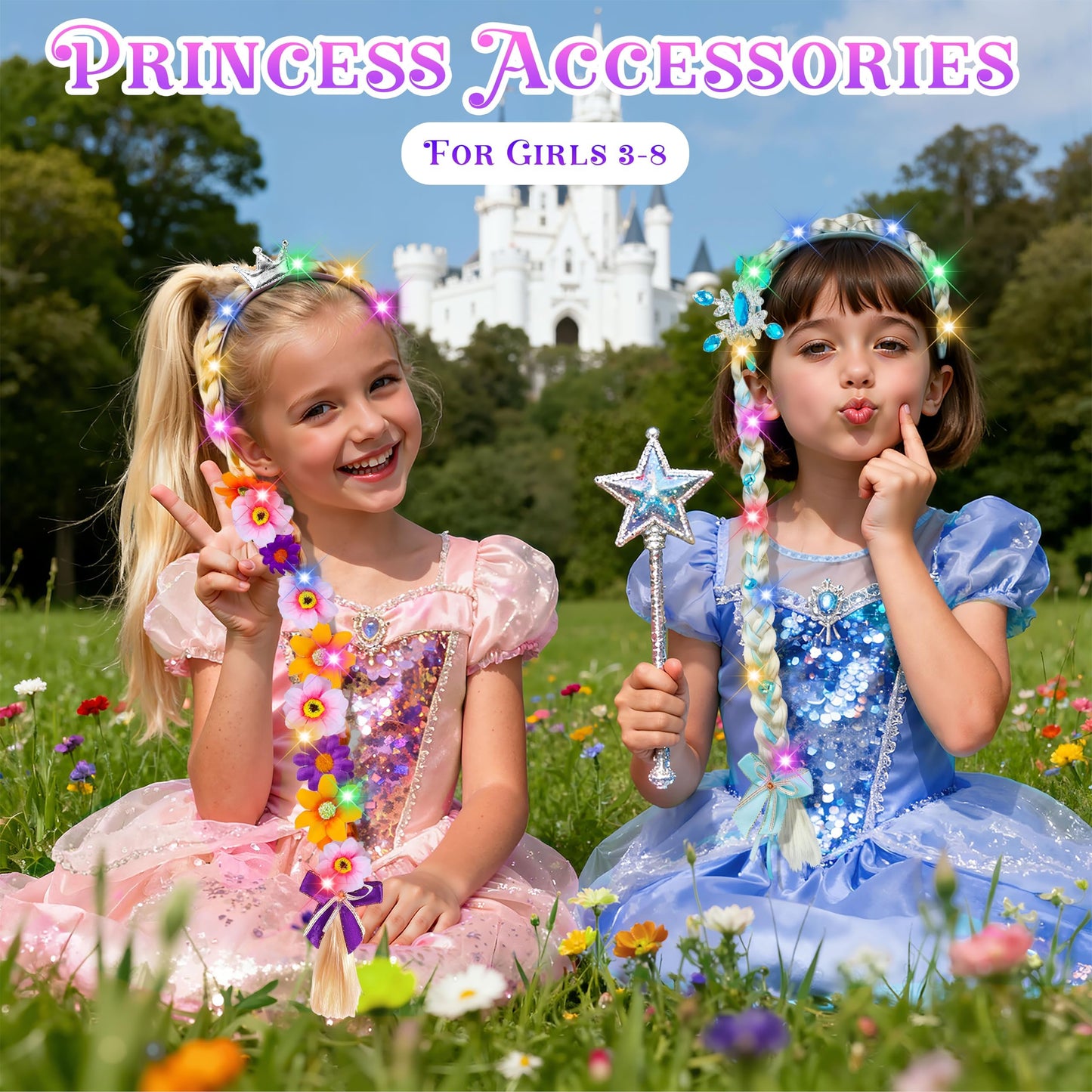 DUDUCOFU 2 Pcs Light Up Princess Braided Wigs with Tiara Flowers – LED Wig Headbands for Girls