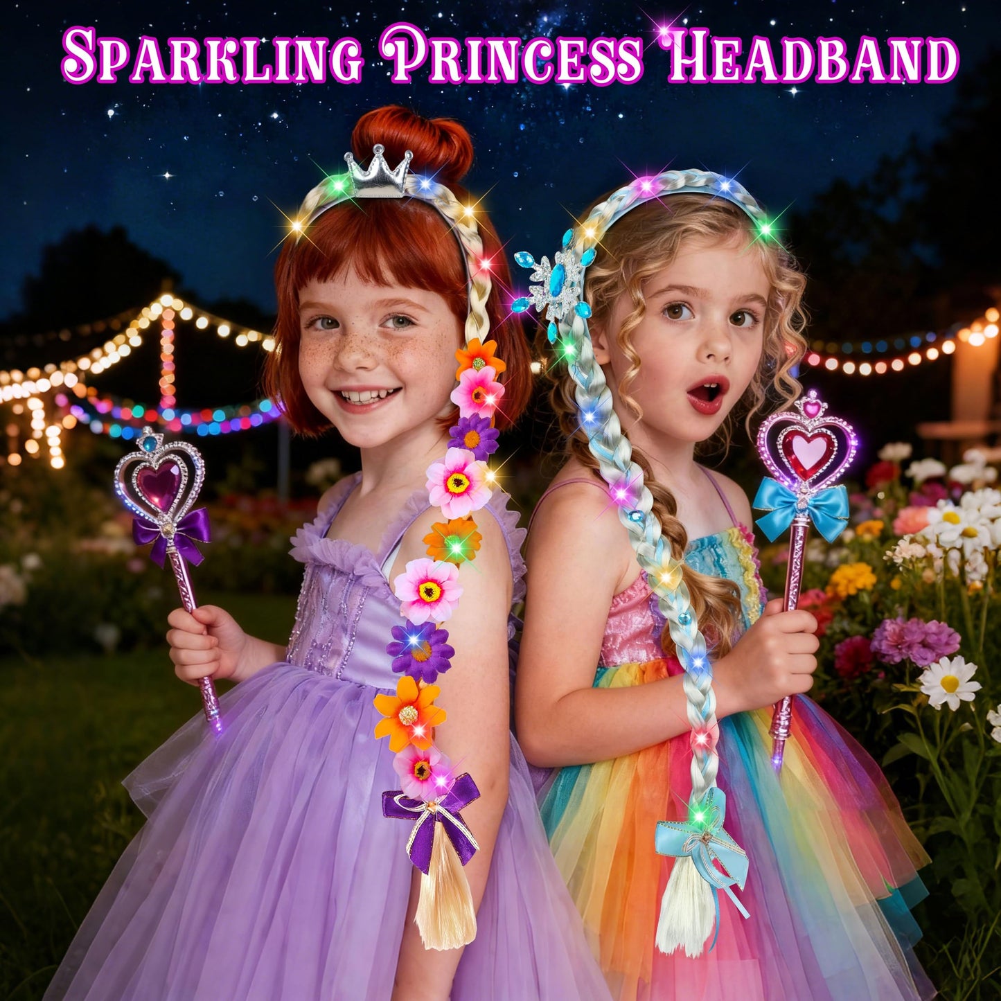 DUDUCOFU 2 Pcs Light Up Princess Braided Wigs with Tiara Flowers – LED Wig Headbands for Girls