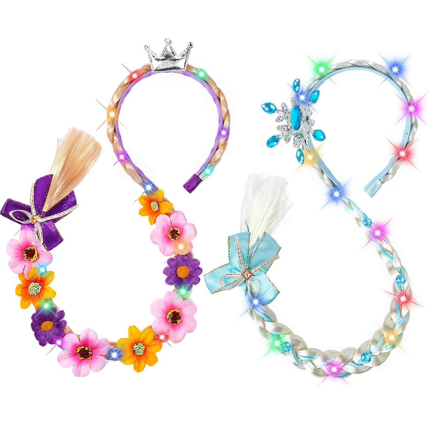 DUDUCOFU 2 Pcs Light Up Princess Braided Wigs with Tiara Flowers – LED Wig Headbands for Girls