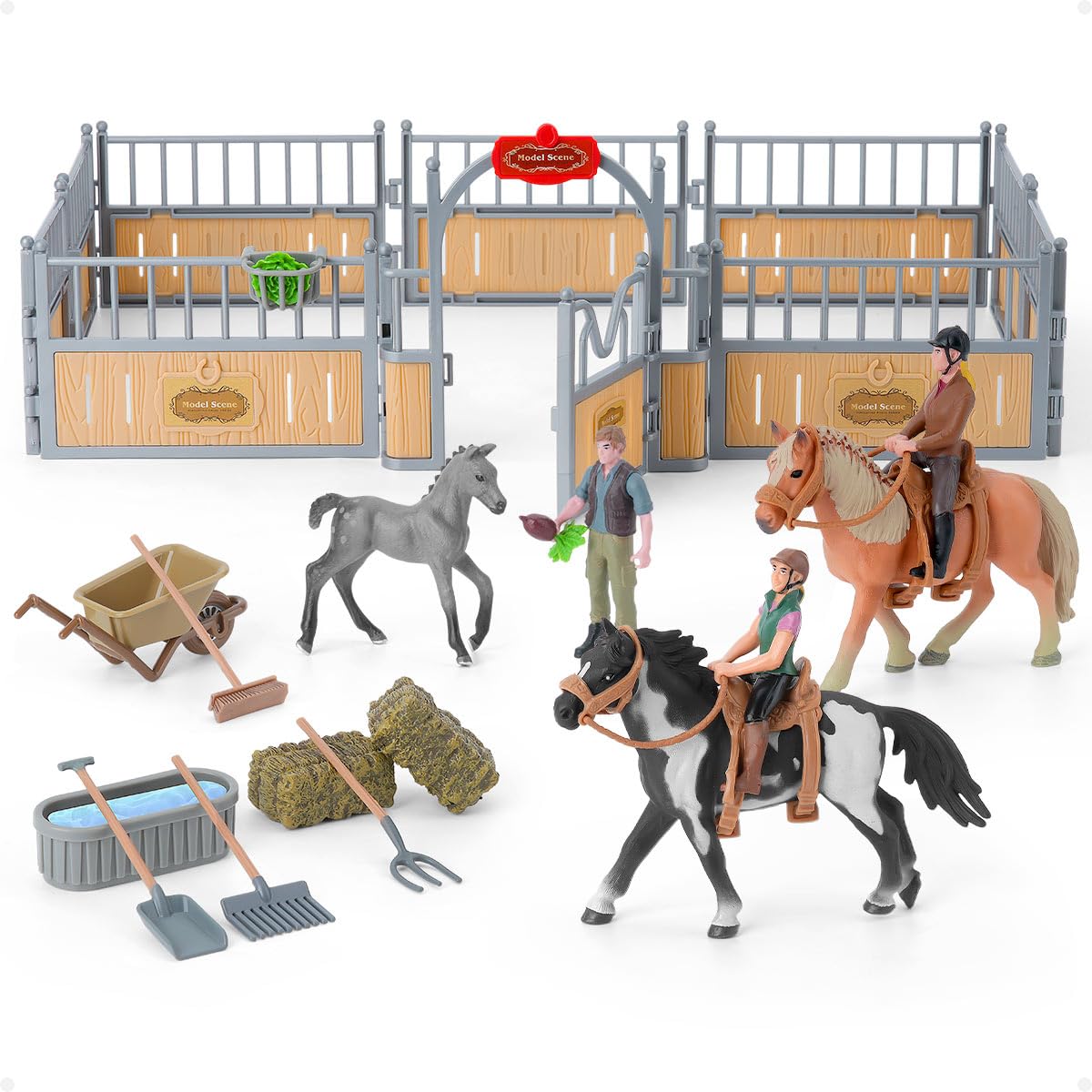 DuDuMo Horse Stable Playset – 3 Horses & 2 Riders for Kids