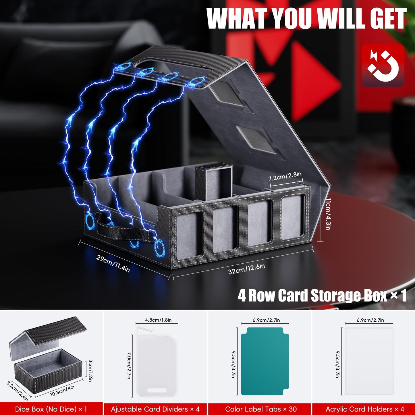 Dufvrpe Trading Card Storage Box – 3500+ Cards, Magnetic Lid, Display Slots, Dice Box