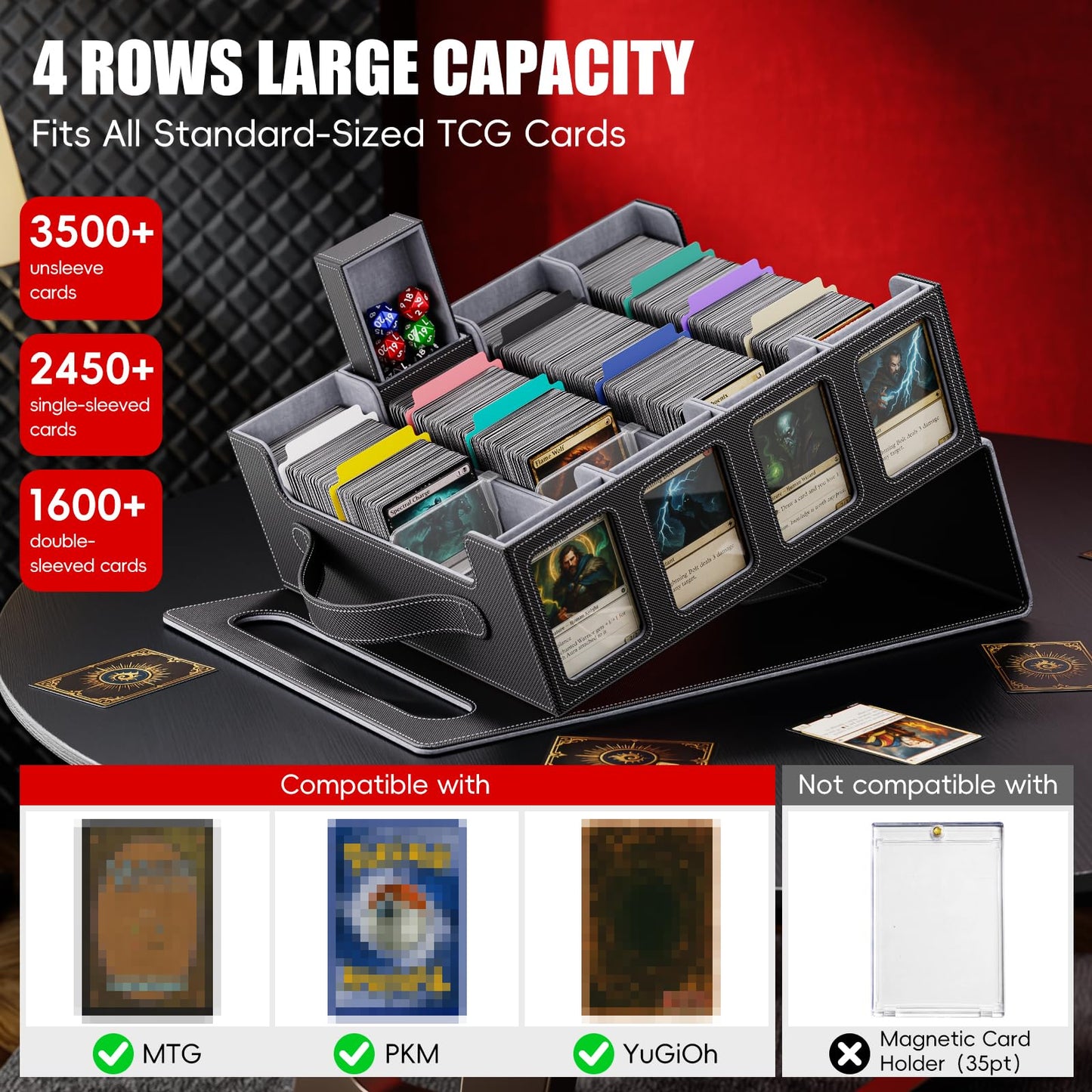 Dufvrpe Trading Card Storage Box – 3500+ Cards, Magnetic Lid, Display Slots, Dice Box