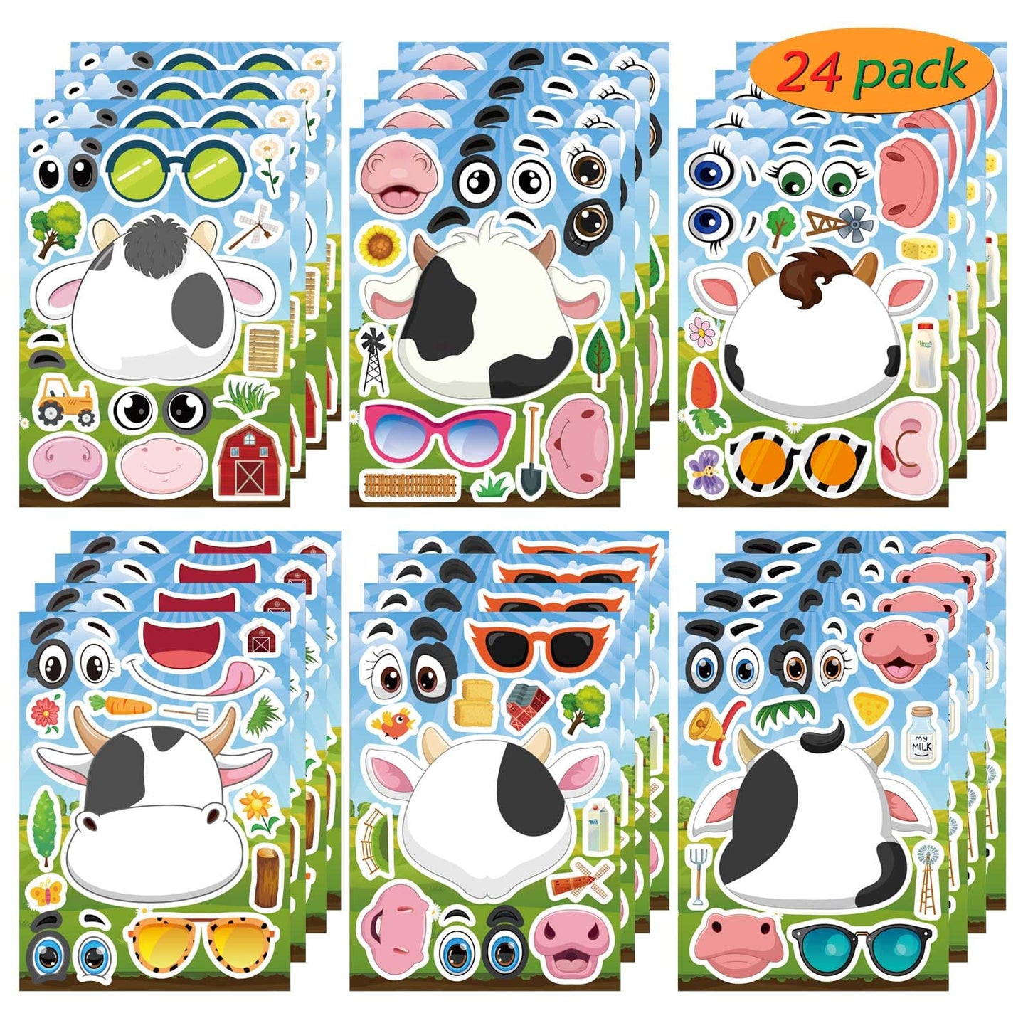 DUJAA 24 PCS Cow Stickers for Kids | Make-Your-Own Cow Sticker Sheets & Face Kit