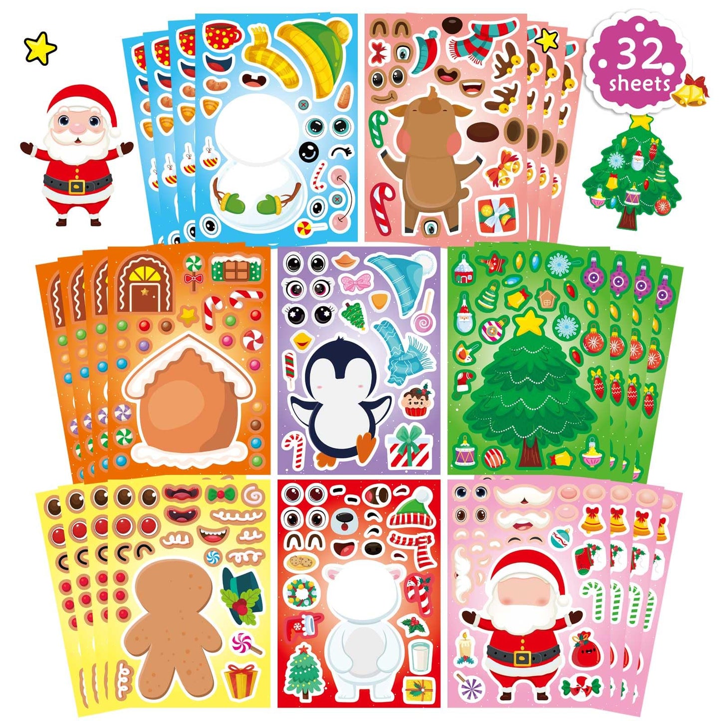 DUJAA 32 Sheets Christmas Stickers for Kids – DIY Santa, Snowman & Friends