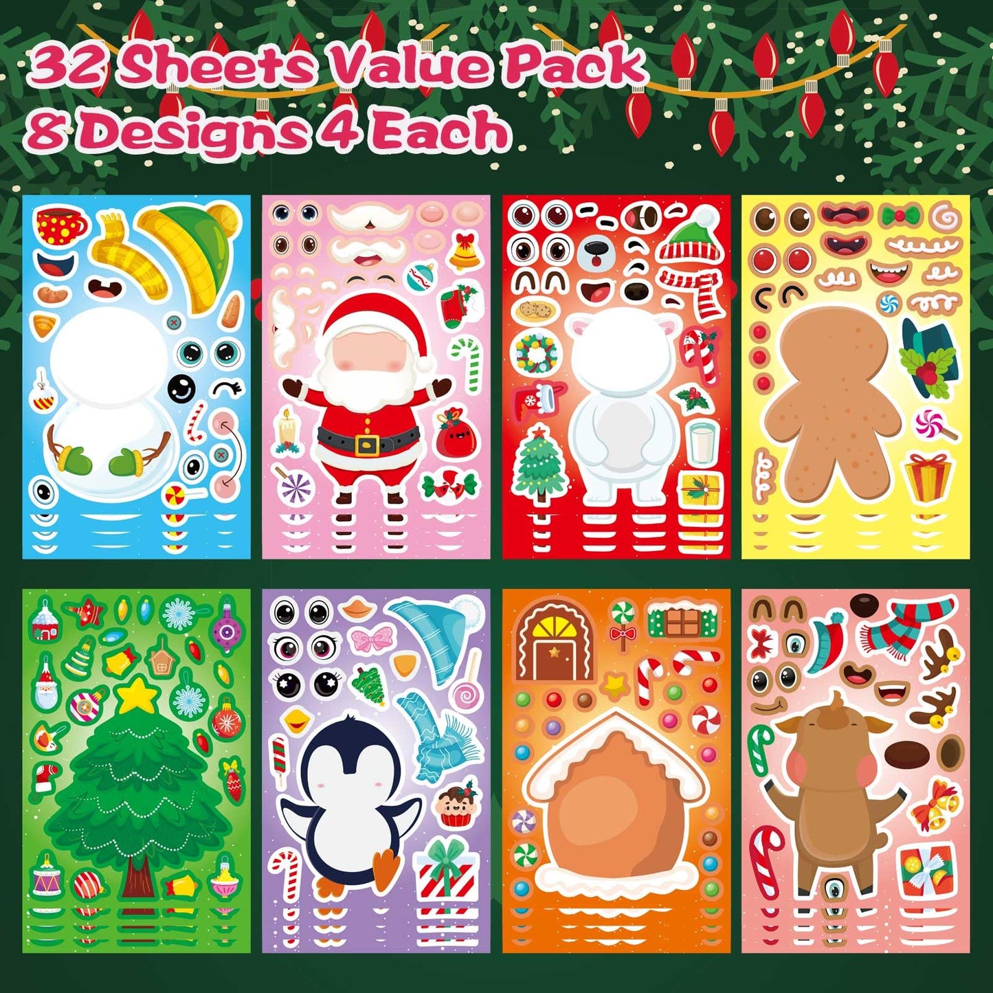 DUJAA 32 Sheets Christmas Stickers for Kids – DIY Santa, Snowman & Friends