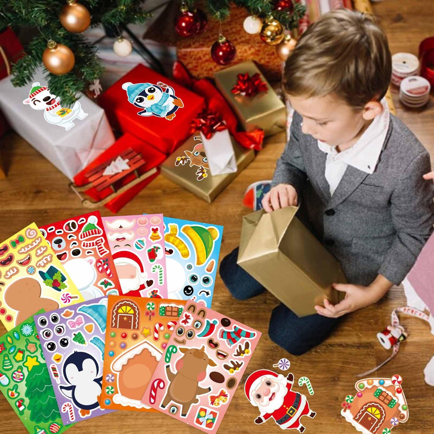 DUJAA 32 Sheets Christmas Stickers for Kids – DIY Santa, Snowman & Friends