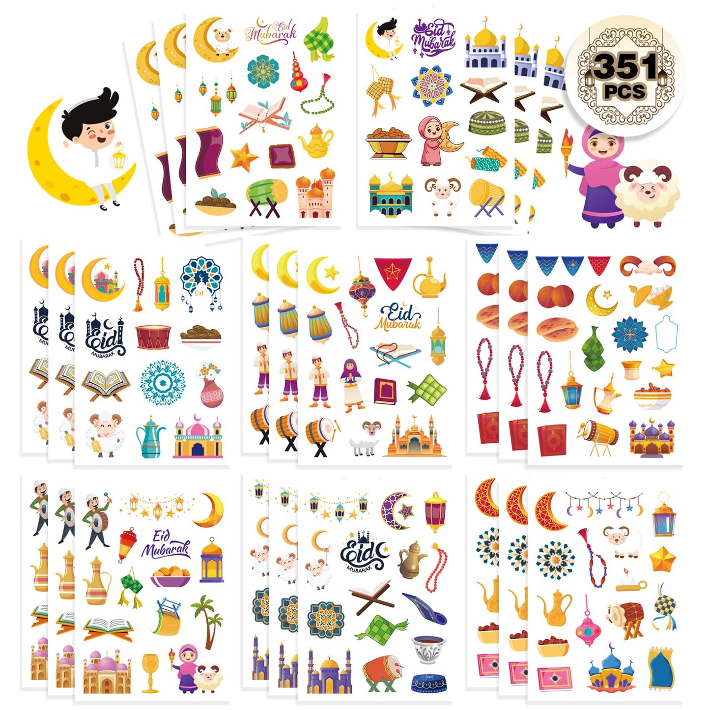 DUJAA 351PCS Eid Mubarak Theme Stickers – Ramadan Kareem Islamic Sticker Sheets for Kids