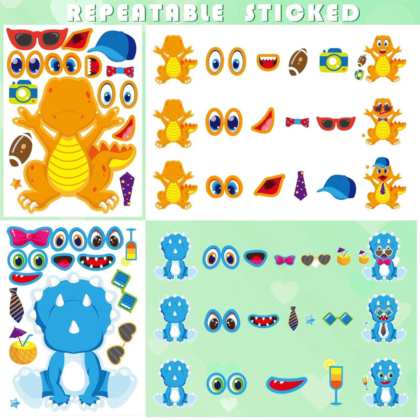 DUJAA 27-Sheet Dinosaur Stickers – DIY Dino Faces for Kids & Party Favors