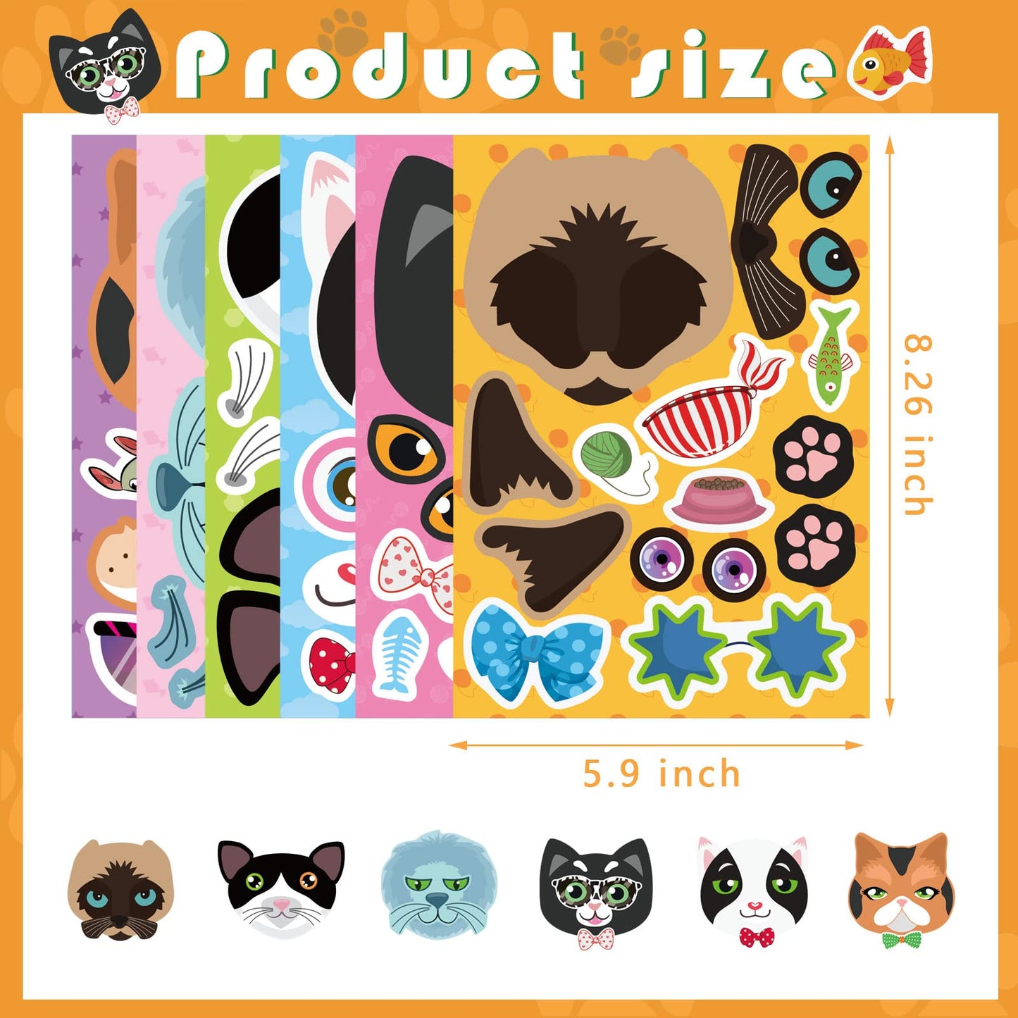 DUJAA 24 Cat Face Stickers – DIY Kitty Sticker Kit for Kids, Classroom, Gifts