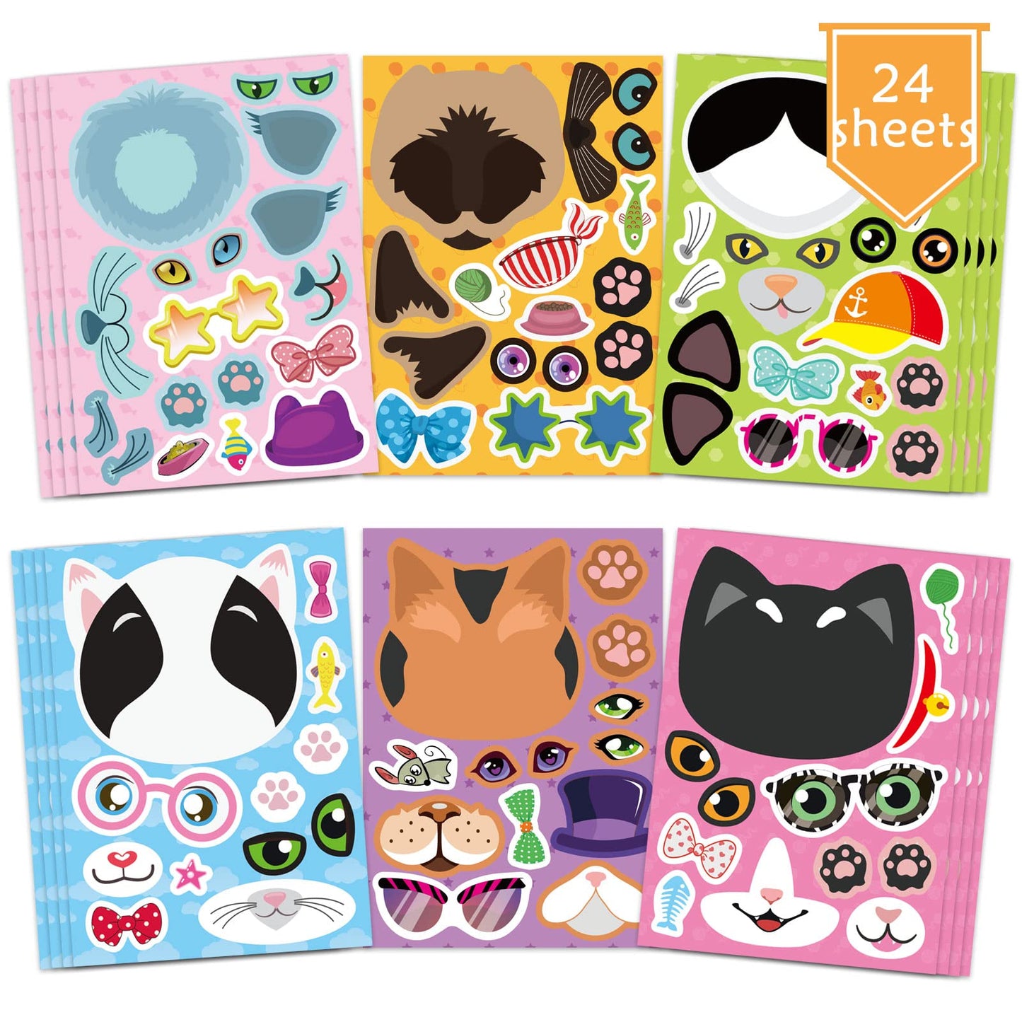 DUJAA 24 Cat Face Stickers – DIY Kitty Sticker Kit for Kids, Classroom, Gifts