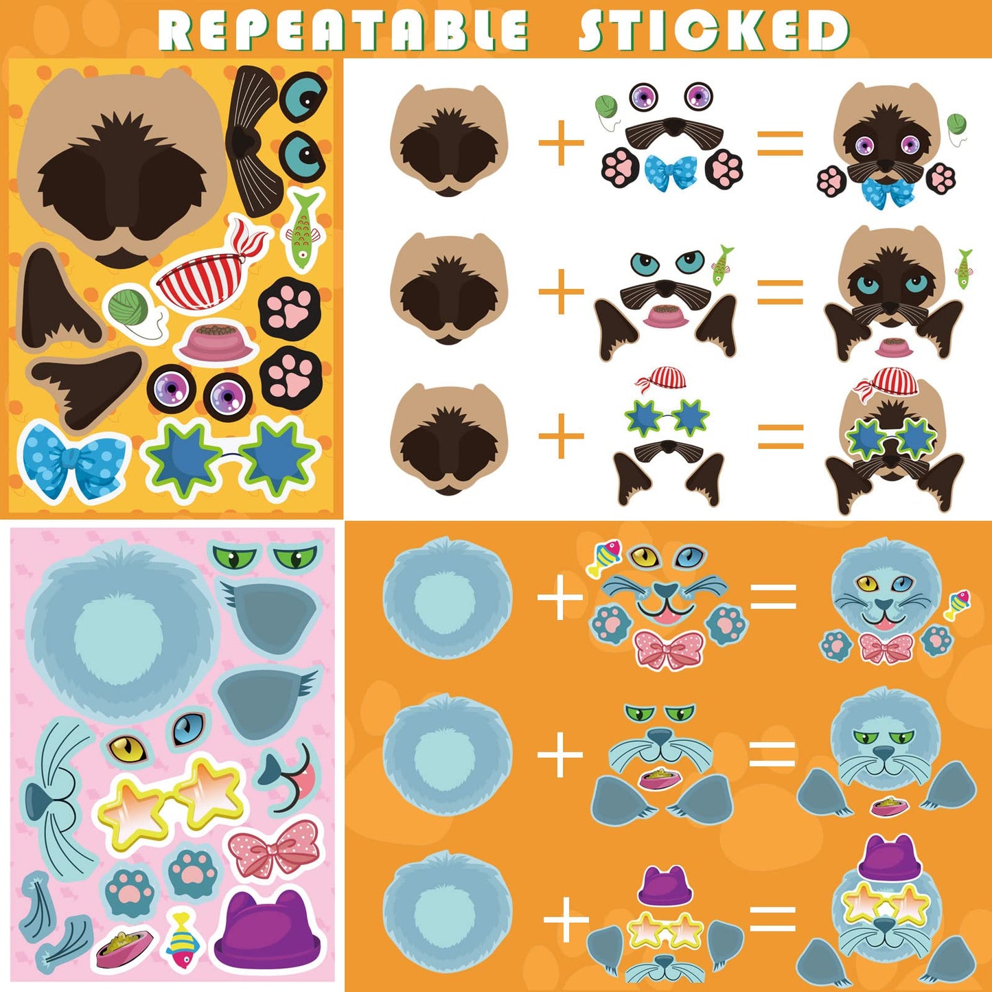 DUJAA 24 Cat Face Stickers – DIY Kitty Sticker Kit for Kids, Classroom, Gifts
