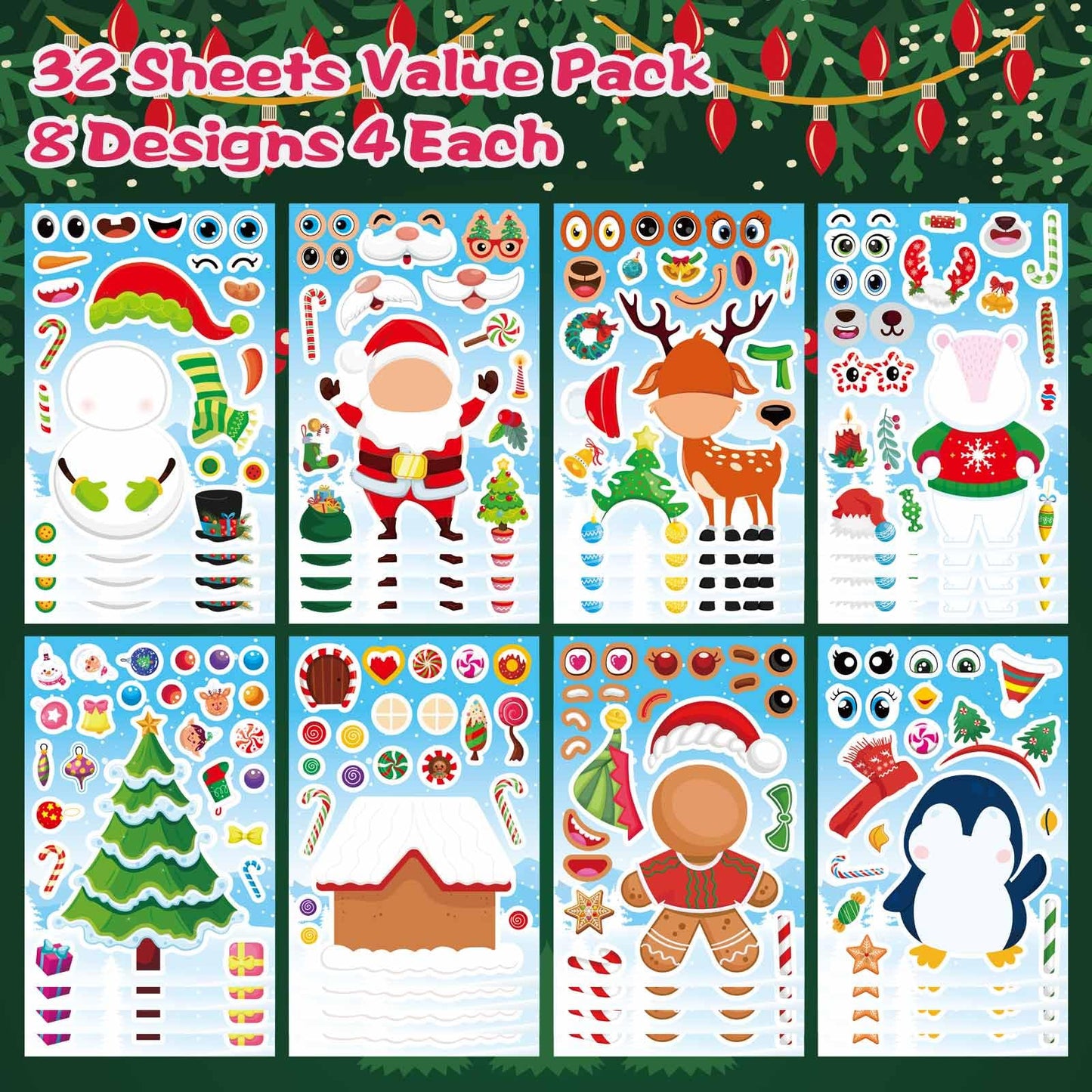 DUJAA 32 Sheets Christmas Stickers for Kids – Mix & Match Holiday Craft Set