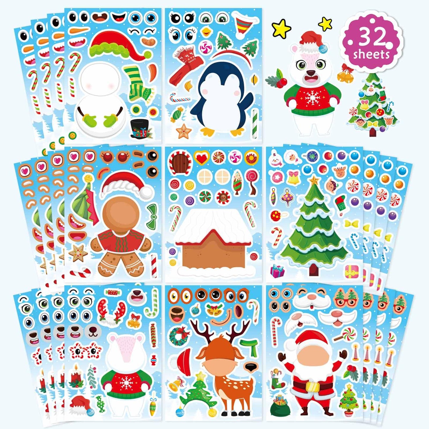 DUJAA 32 Sheets Christmas Stickers for Kids – Mix & Match Holiday Craft Set