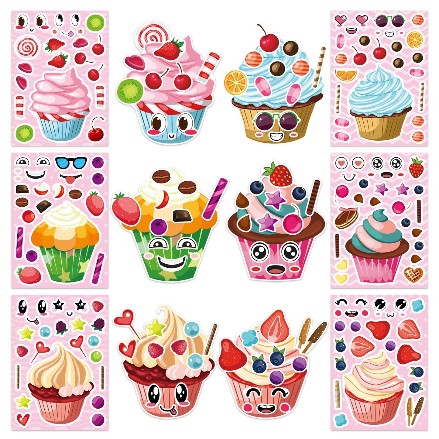 DUJAA 24 Sheets Make-a-face Cupcake Stickers – DIY Dessert Stickers for Kids and Party Favors