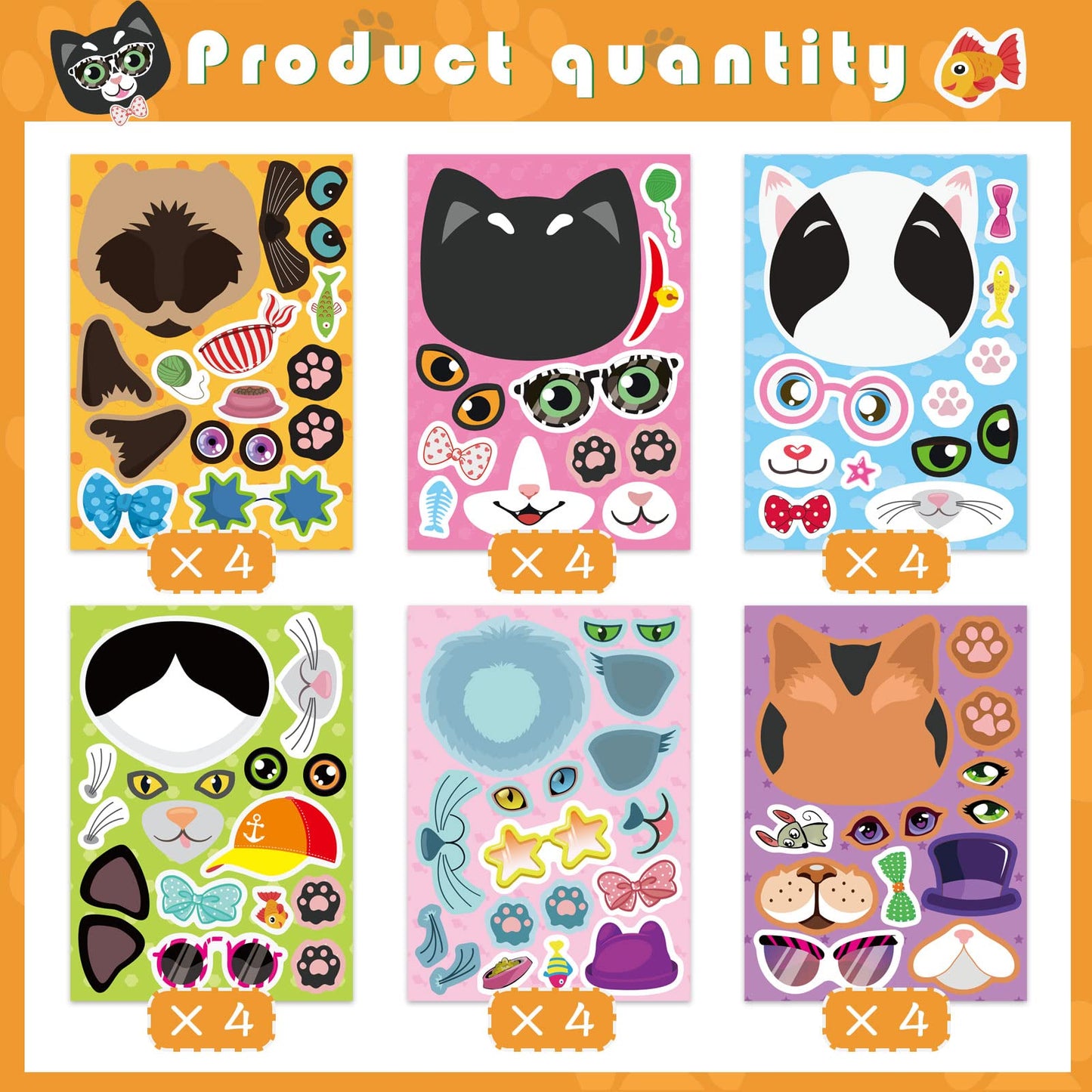 DUJAA 24 Cat Face Stickers – DIY Kitty Sticker Kit for Kids, Classroom, Gifts