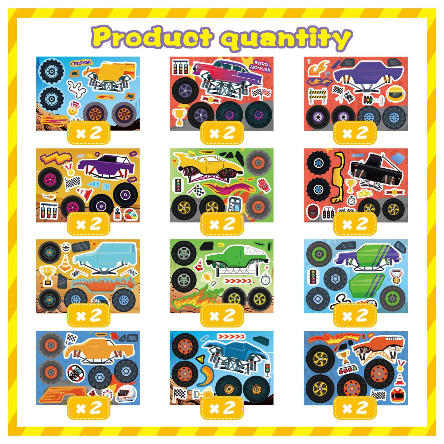 DUJAA Monster Truck Stickers for Kids – 24 Sheets, 12 Designs, Premium Craft Pack