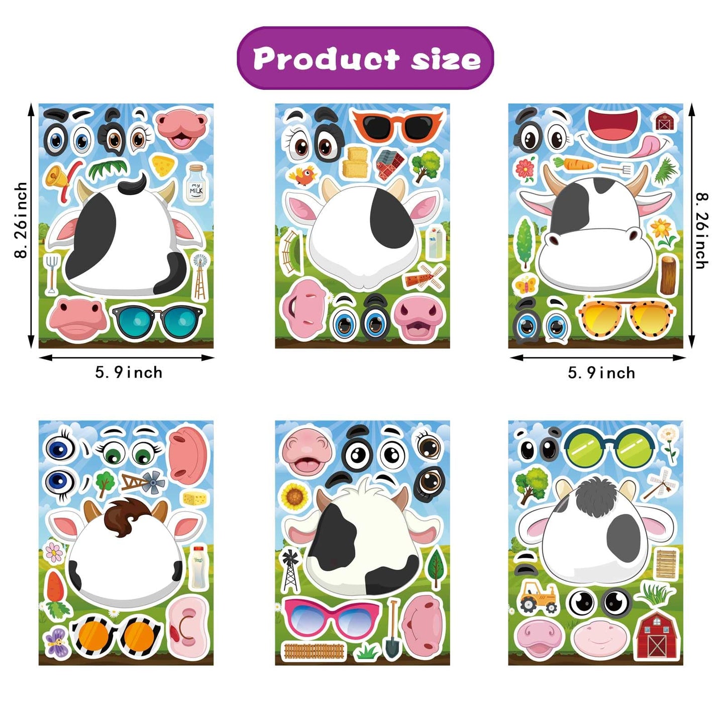 DUJAA 24 PCS Cow Stickers for Kids | Make-Your-Own Cow Sticker Sheets & Face Kit