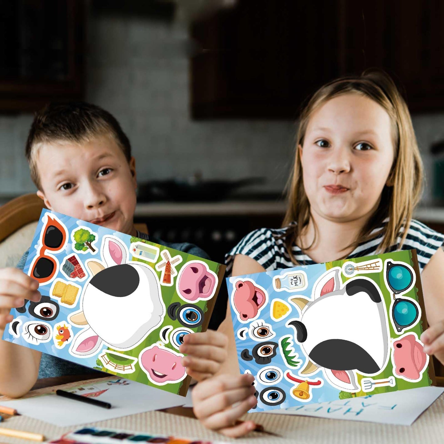 DUJAA 24 PCS Cow Stickers for Kids | Make-Your-Own Cow Sticker Sheets & Face Kit