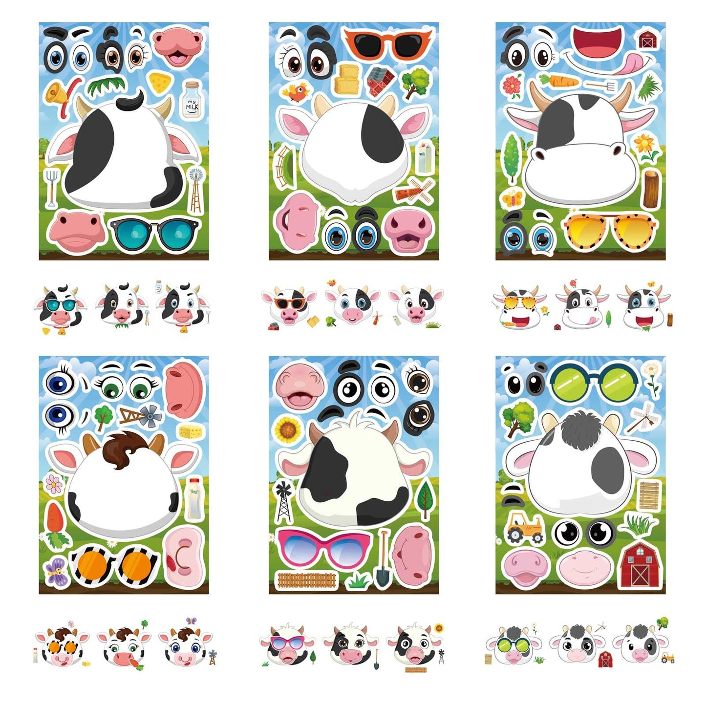 DUJAA 24 PCS Cow Stickers for Kids | Make-Your-Own Cow Sticker Sheets & Face Kit