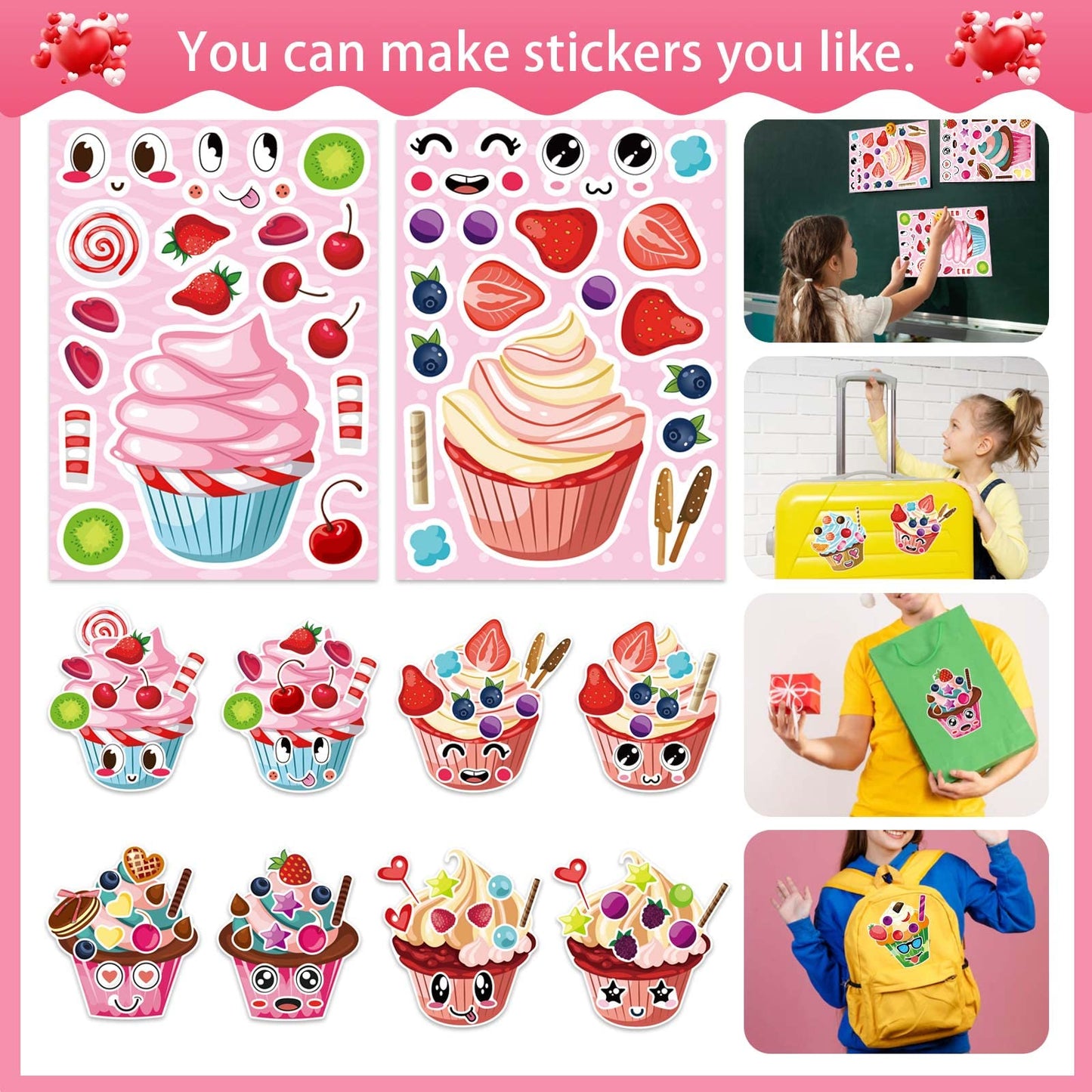 DUJAA 24 Sheets Make-a-face Cupcake Stickers – DIY Dessert Stickers for Kids and Party Favors