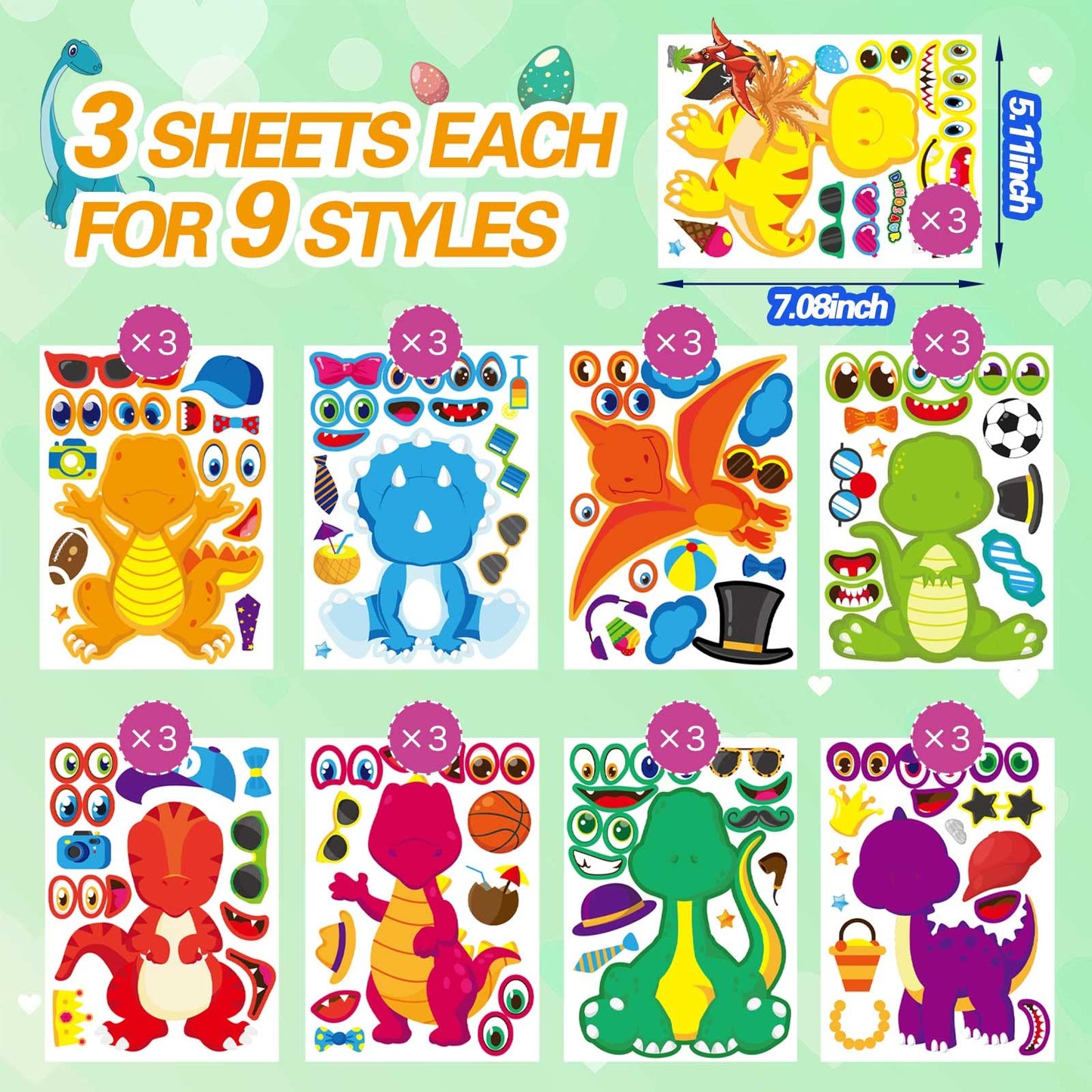 DUJAA 27-Sheet Dinosaur Stickers – DIY Dino Faces for Kids & Party Favors