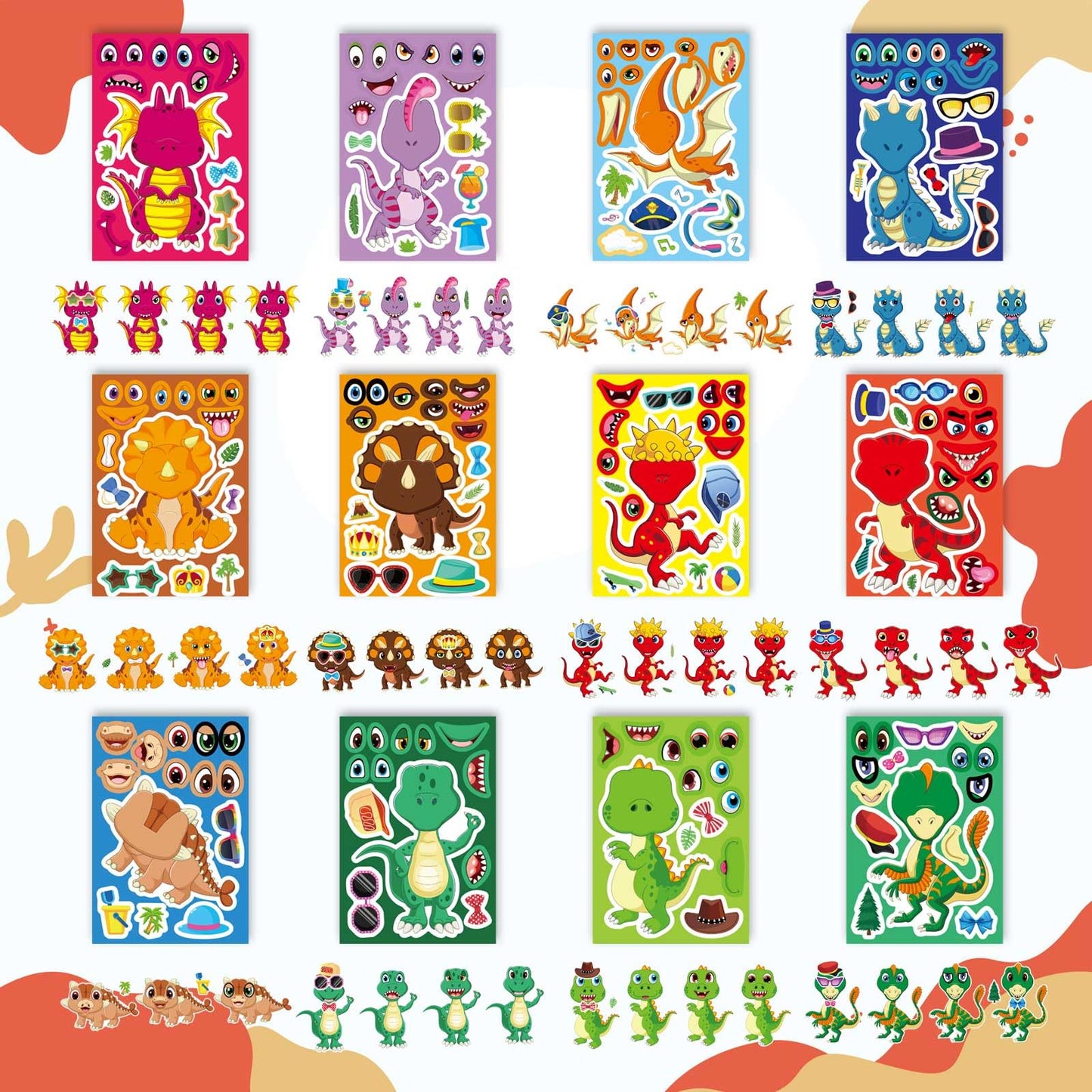 DUJAA 24-Piece Dinosaur Sticker Set for Kids – 12 Designs, Party Favors & Classroom Craft