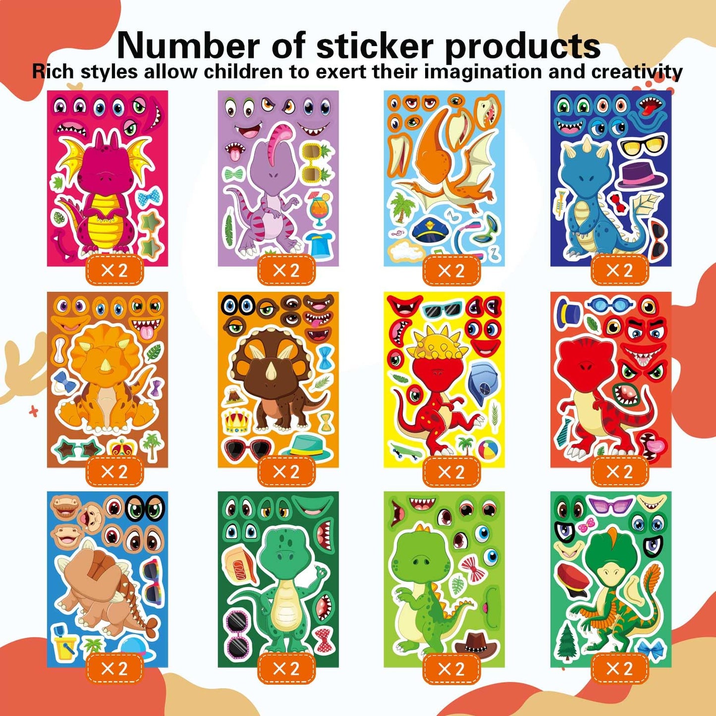 DUJAA 24-Piece Dinosaur Sticker Set for Kids – 12 Designs, Party Favors & Classroom Craft