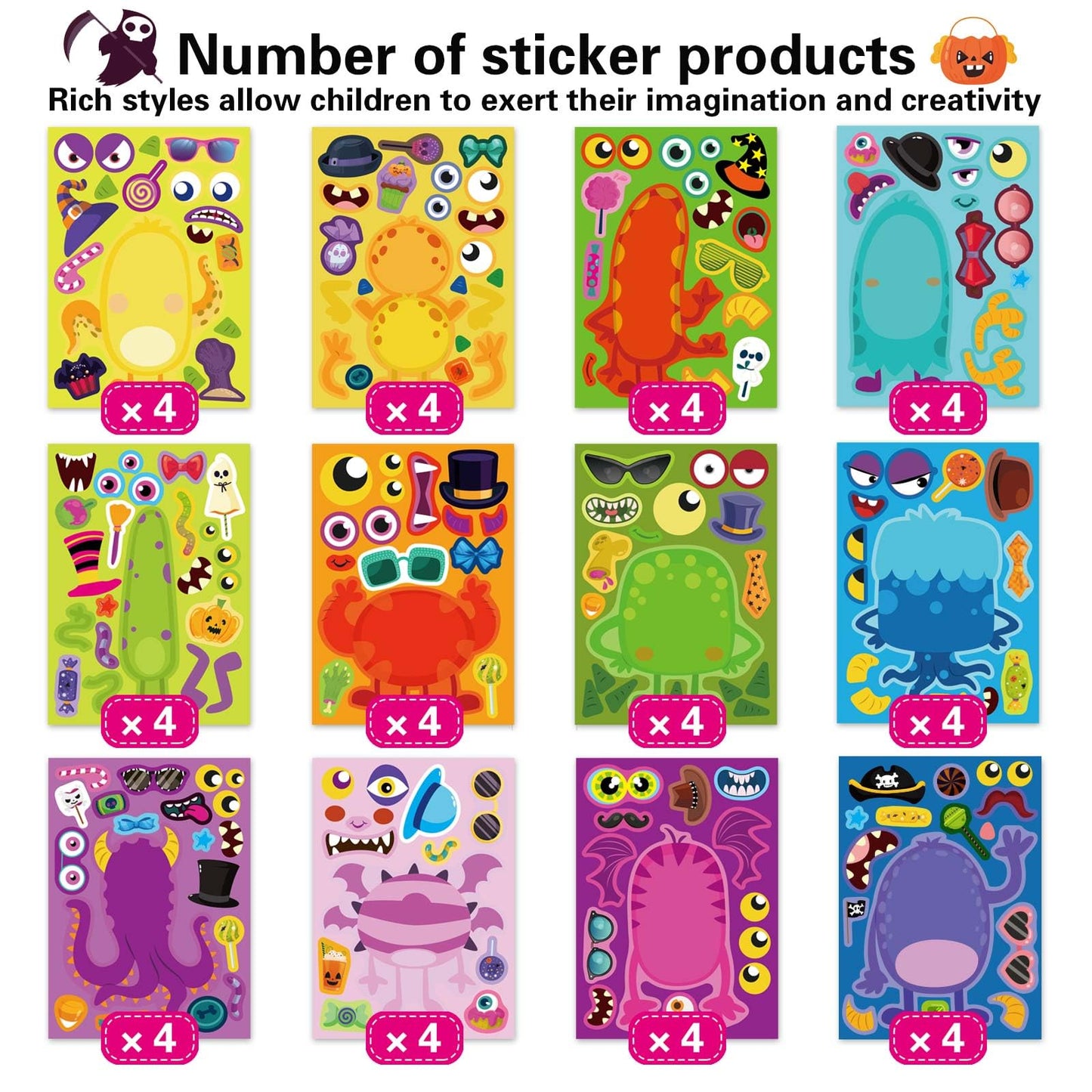 DUJAA Monster Face Stickers – 48pc Halloween DIY Kit for Kids