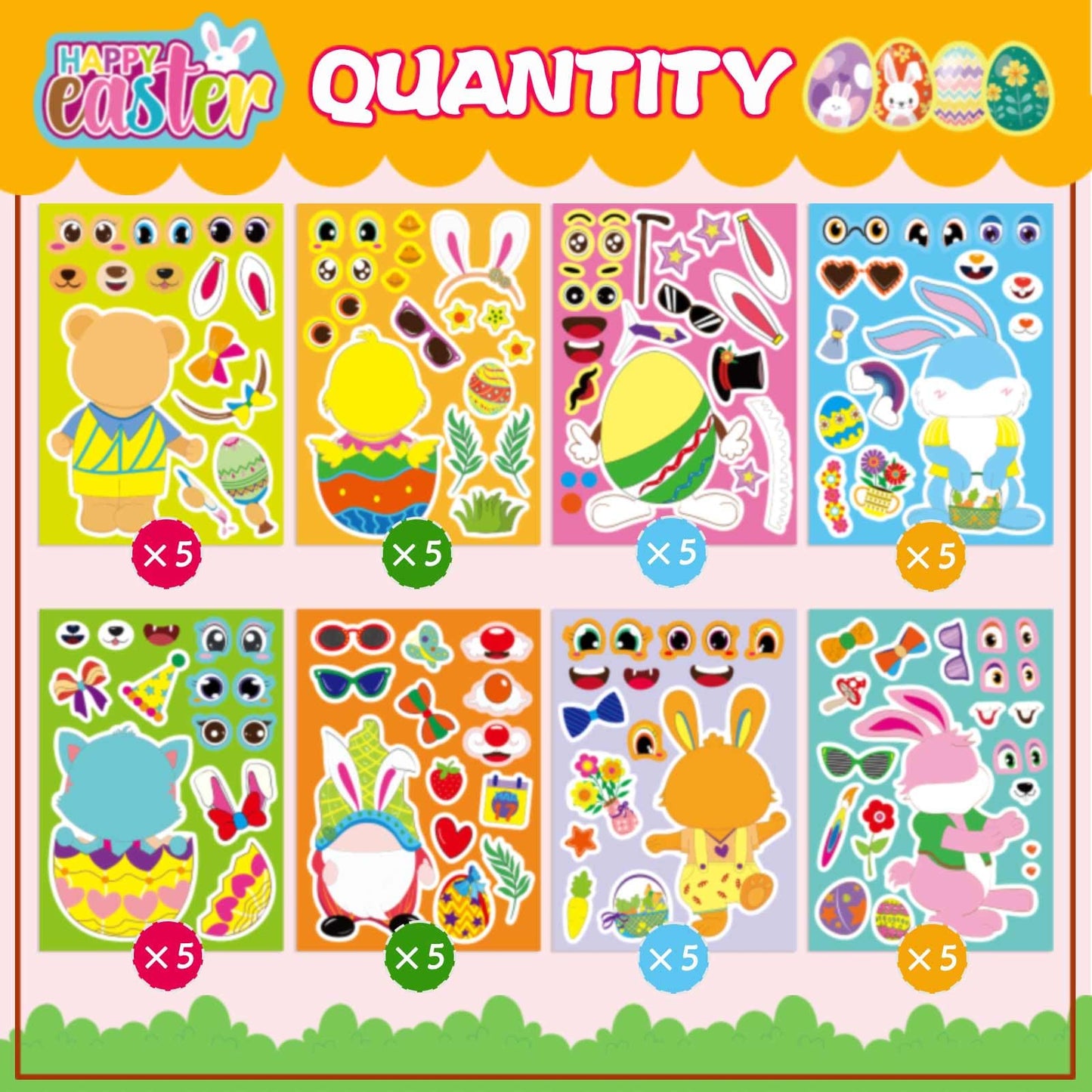 DUJAA 40Pcs Easter Stickers for Kids – Make Your Own Animal Faces, Bunny, Chick, Lamb | Easter Party Favors