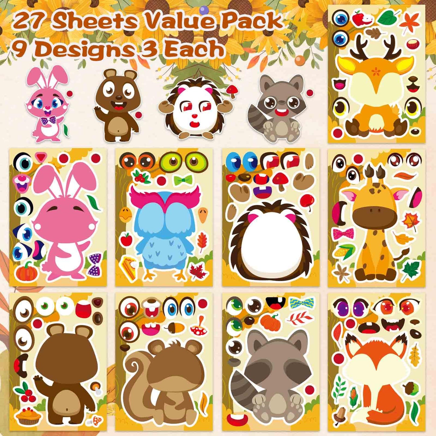 DUJAA 27 Sheets Fall Stickers for Kids – Autumn Animal & Craft Set