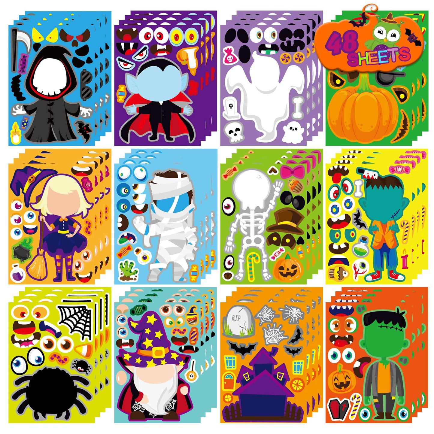 DUJAA 48 PCS Halloween Make-a-face Stickers – Mix & Match for Creative Kids’ DIY Crafts