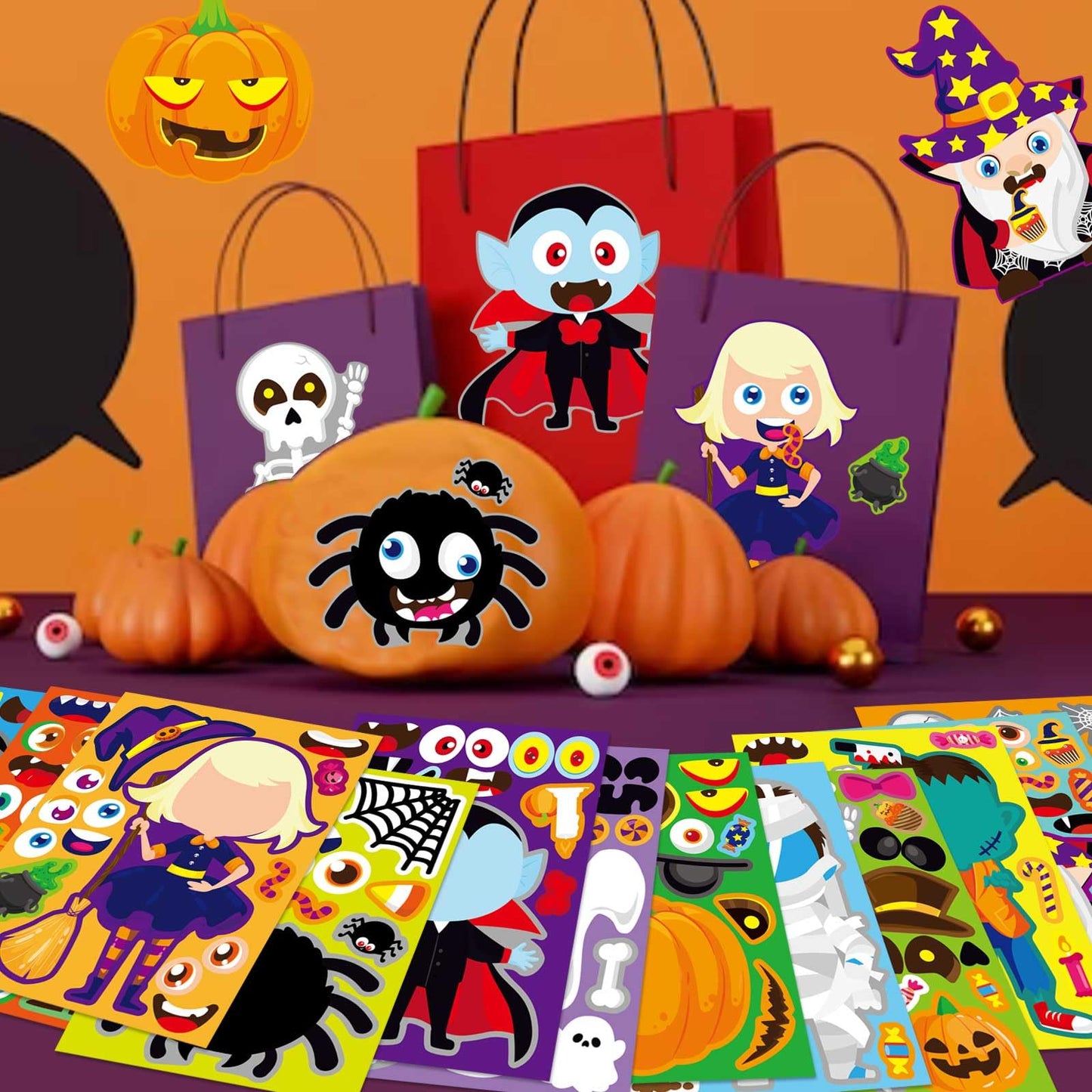 DUJAA 48 PCS Halloween Make-a-face Stickers – Mix & Match for Creative Kids’ DIY Crafts