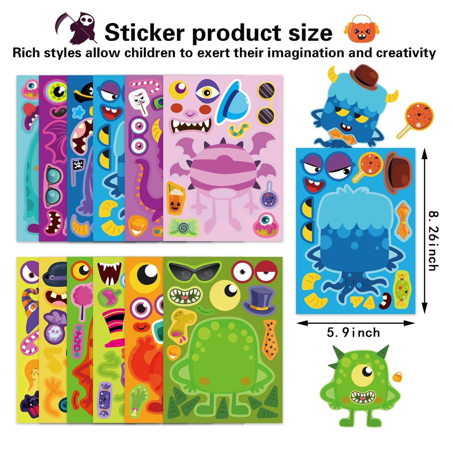 DUJAA Monster Face Stickers – 48pc Halloween DIY Kit for Kids