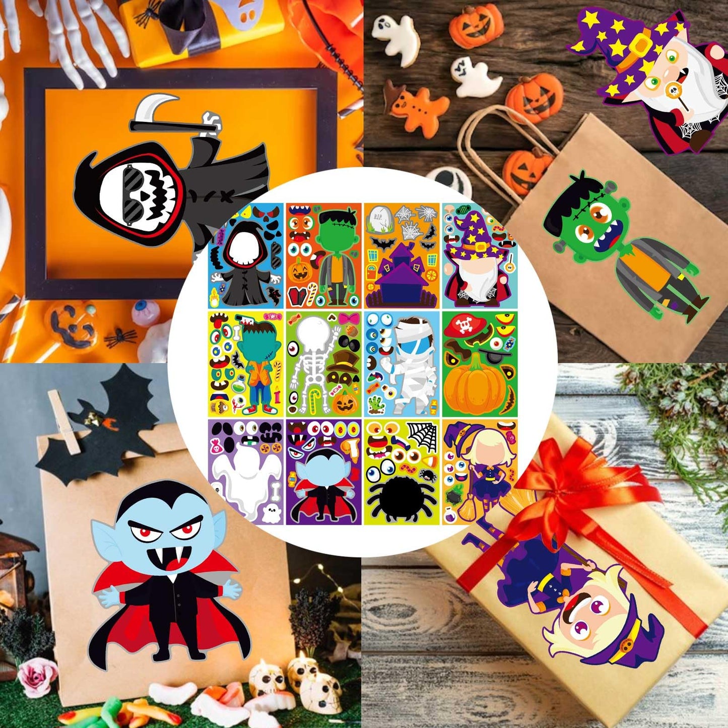 DUJAA 48 PCS Halloween Make-a-face Stickers – Mix & Match for Creative Kids’ DIY Crafts