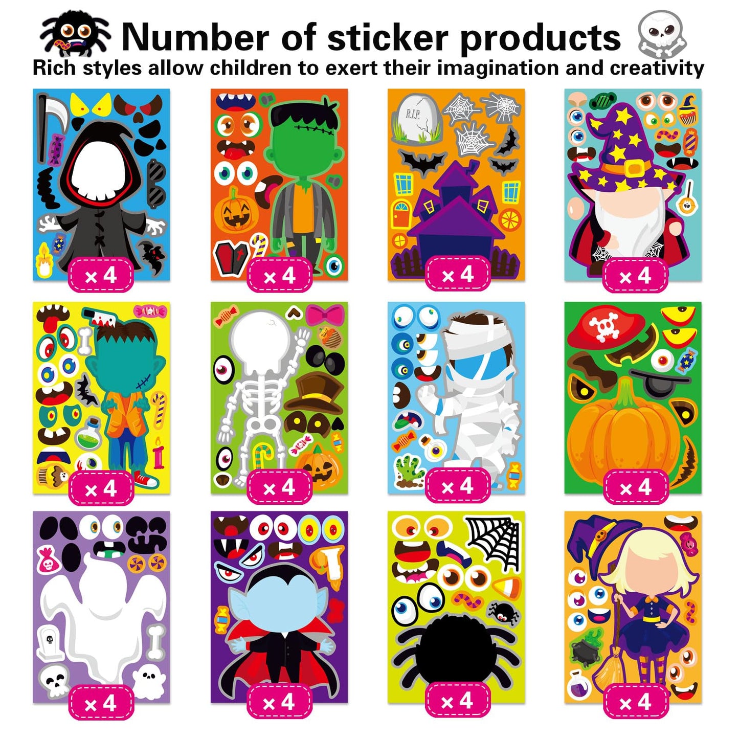 DUJAA 48 PCS Halloween Make-a-face Stickers – Mix & Match for Creative Kids’ DIY Crafts
