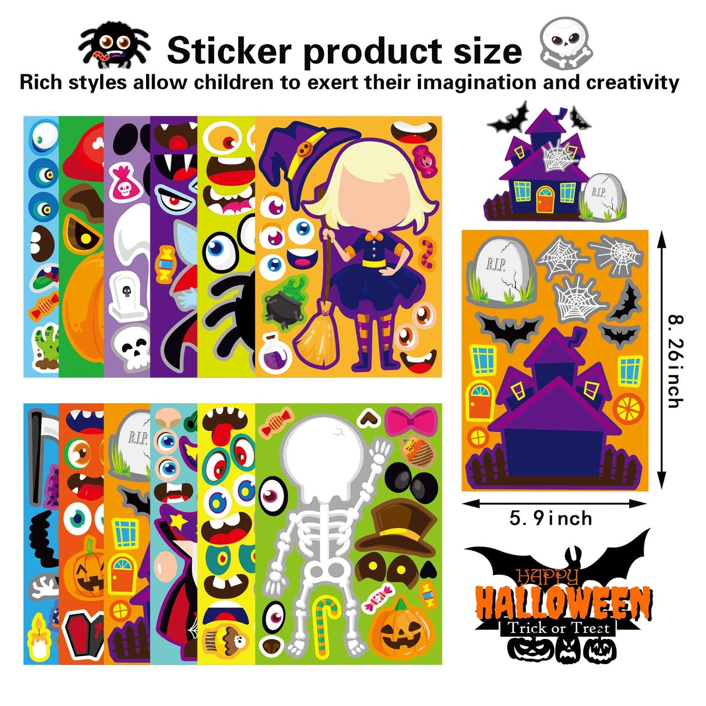 DUJAA 48 PCS Halloween Make-a-face Stickers – Mix & Match for Creative Kids’ DIY Crafts
