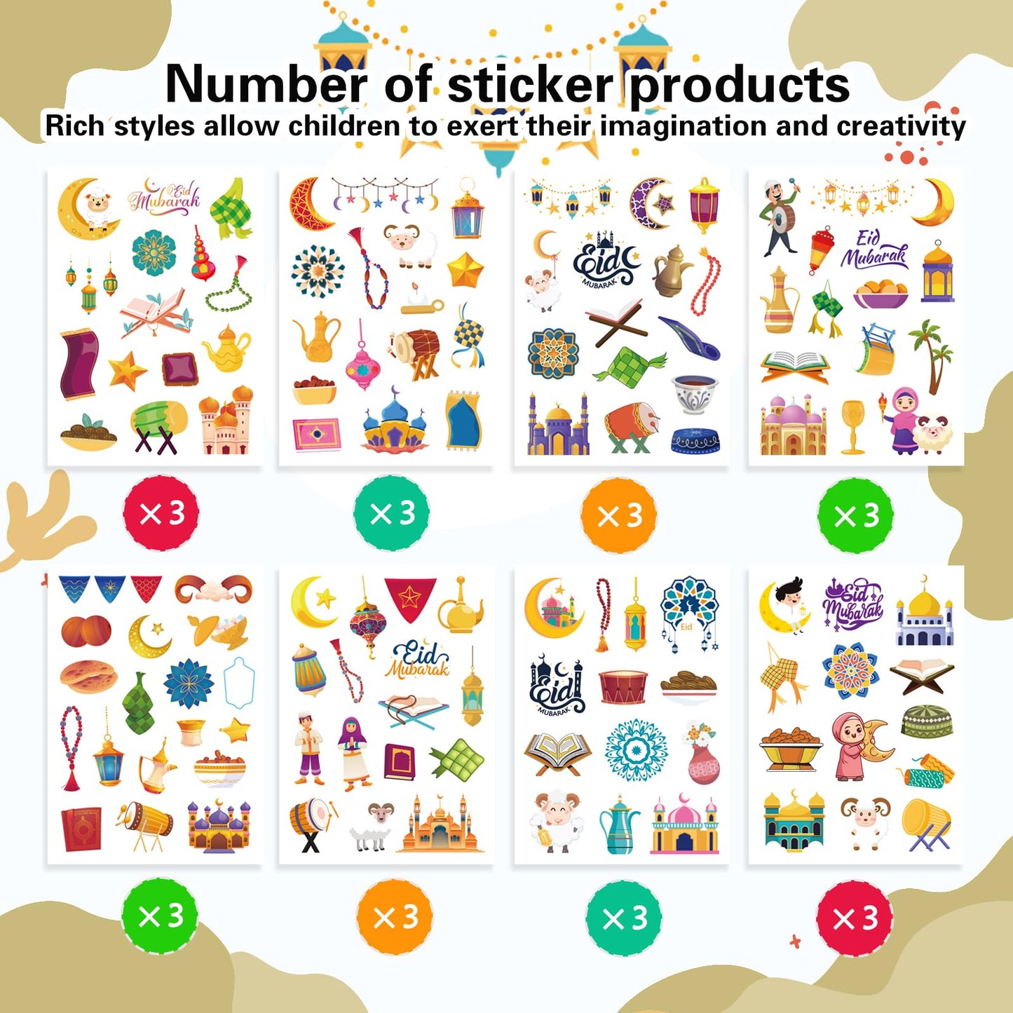 DUJAA 351PCS Eid Mubarak Theme Stickers – Ramadan Kareem Islamic Sticker Sheets for Kids