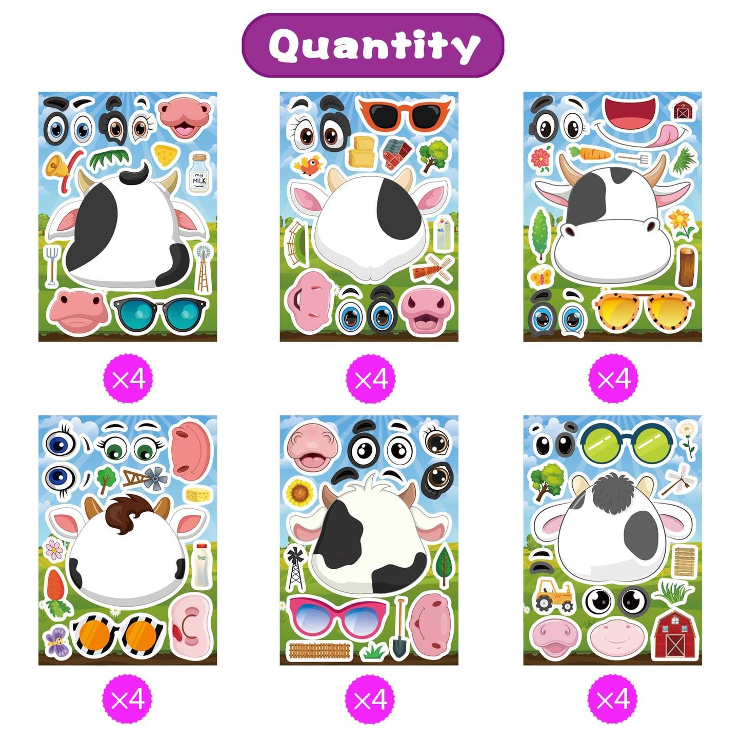 DUJAA 24 PCS Cow Stickers for Kids | Make-Your-Own Cow Sticker Sheets & Face Kit